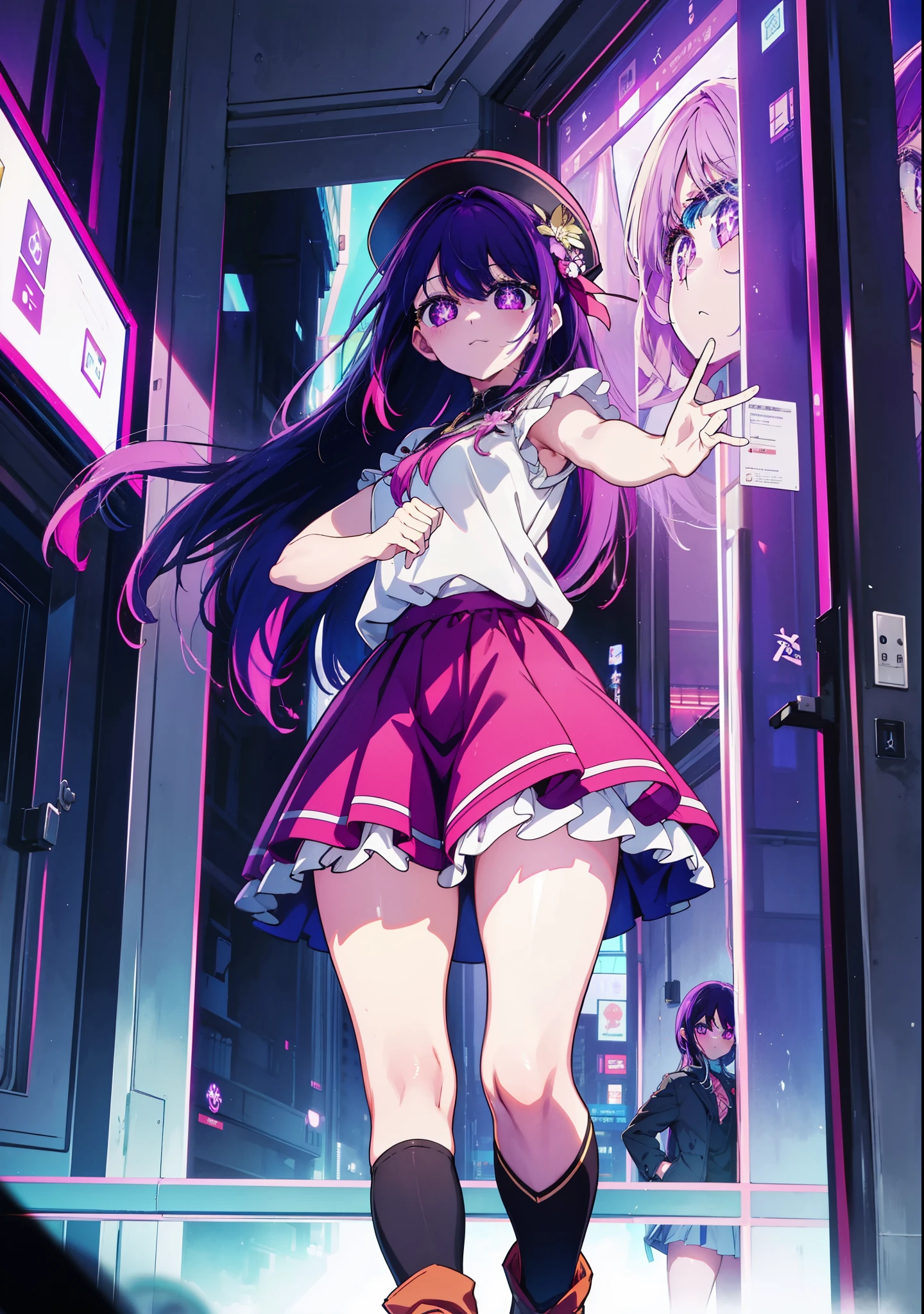 aihoshino, Ai Hoshino, Long Hair, bangs, (Purple eyes:1.1), Purple Hair, (Symbol-shaped pupil:1.5), smile,Medium chest,happy smile, smile, Close your mouth,Hunting Hat,Purple sleeveless dress,Purple mini skirt,Black knee socks,short boots,
Place your right hand on your hip,Looking up from below,whole bodyがイラストに入るように,
break outdoors, In town,ビル街
break looking at viewer, whole body,
break (masterpiece:1.2), highest quality, High resolution, unity 8k wallpaper, (figure:0.8), (Beautiful fine details:1.6), Highly detailed face, Perfect lighting, Highly detailed CG, (Perfect hands, Perfect Anatomy),