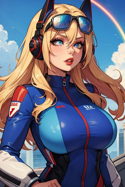 Girl with long blonde hair with blue at the bottom with a red gradient moving up to half way hair, red lips, big breasts, wearing a pilot suit, headphones, sunglasses