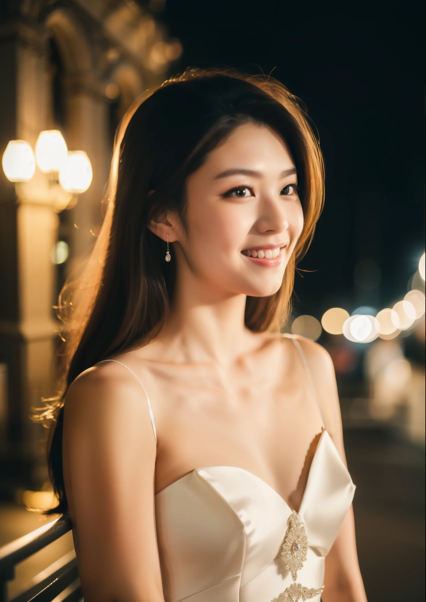 Beautiful 25 year old woman。She is wearing a wedding dress. She is smiling on illuminated by the evening church lights . romantic sunset. her dark brown hair. High resolution、masterpiece、highest quality、頭w:1.0、((Hasselblad Photos))、fine skin、(movie lighting)、clavicle . full body picture.