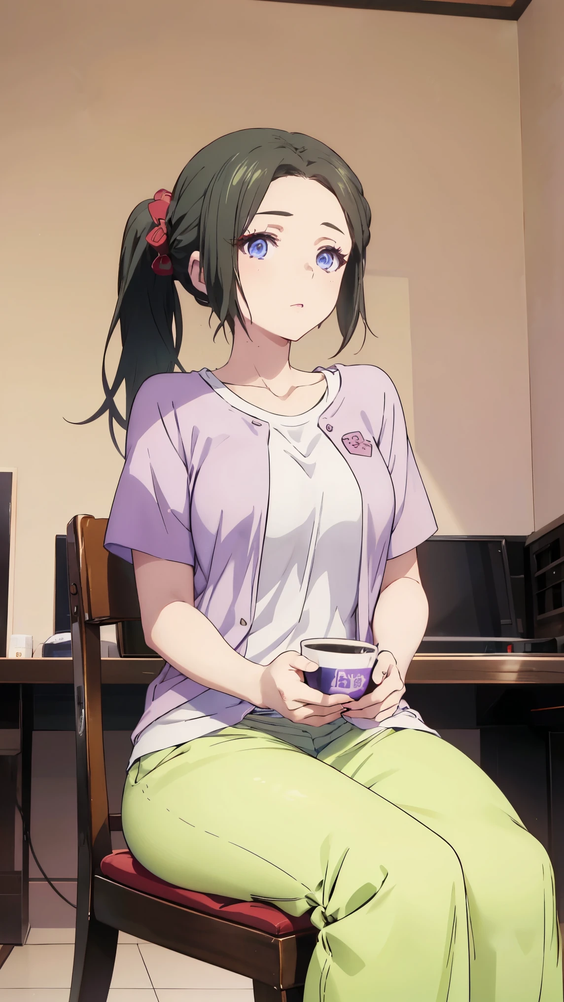 deep skin,textured skin, long hair, black hair, blue eyes, ponytail, highres:1.0), haruhiko_ichijou, makeup, purple lipstick, purple eyeshadow, beautiful face, hyperdetail face, that is sitting on a chair with a pillow, a picture by Yasutomo Oka, instagram, shin hanga, young pretty gravure idol, chiho, young gravure idol, young sensual gravure idol, realistic young gravure idol, Yoshitomo Nara, young skinny gravure idol, sakimichan