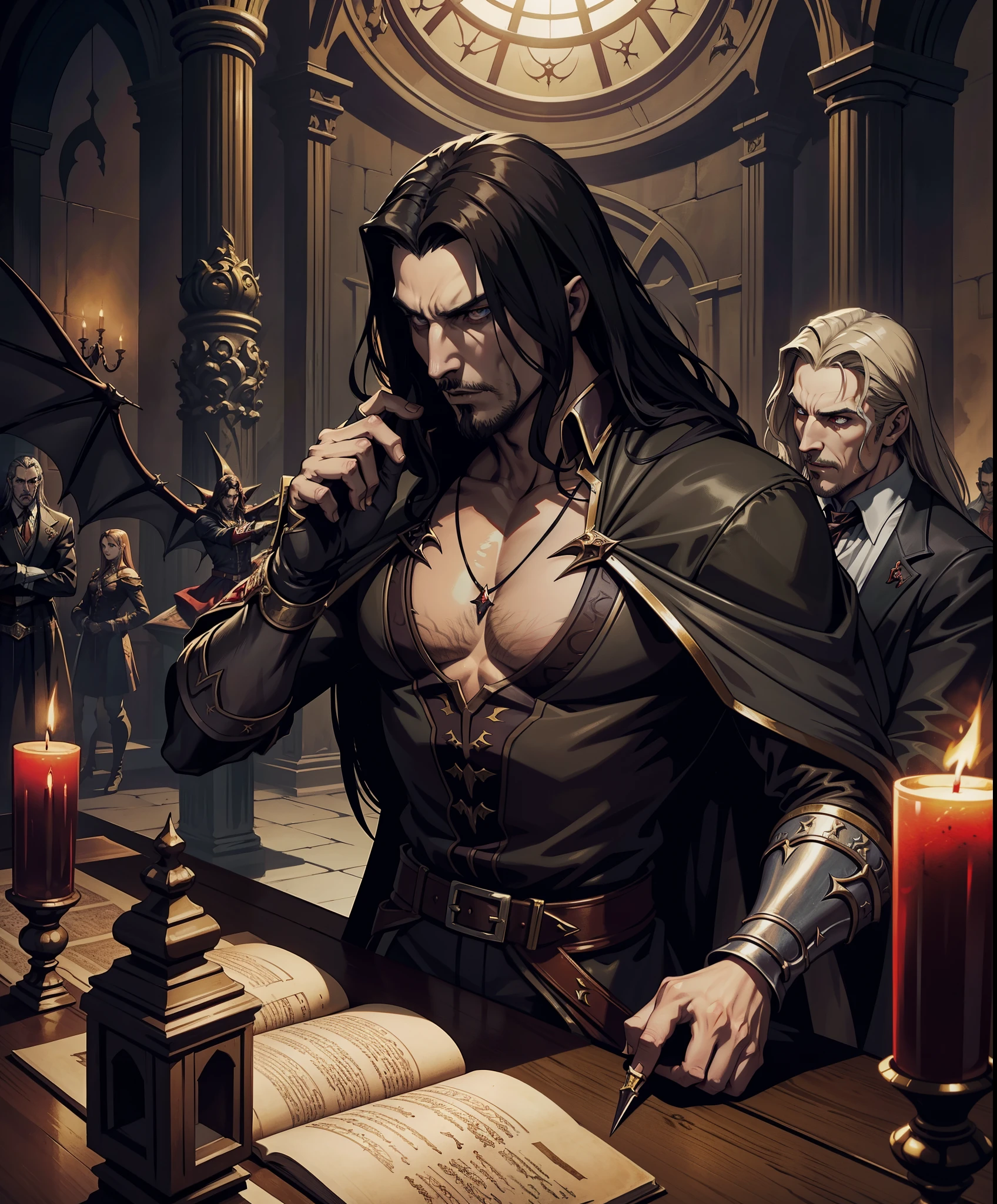 Castlevania Shadow Lord hiperrealista, Super detailed, Dynamic Shot, centerpiece of Lord Dracula discussing ancient manuscripts with hyper-realistic scholarly demons, grandes escenas