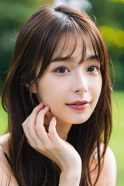 (RAW Photos, highest quality), (Realistic, Photorealistic:1.3), masterpiece, Very delicate and beautiful, Soft Light, (Brown Hair, Long hair swaying in the wind, bangs), Beautiful detailed girl, (Detailed fingers), Highly detailed eyes and face, Beautifully detailed nose, Beautiful fine details, 1 girl, Japanese, Pure beauty, cute, young, smile, No clothes, (Half Body:1.3), (Large Breasts), Realistic face, Realistic body, whole body, naked