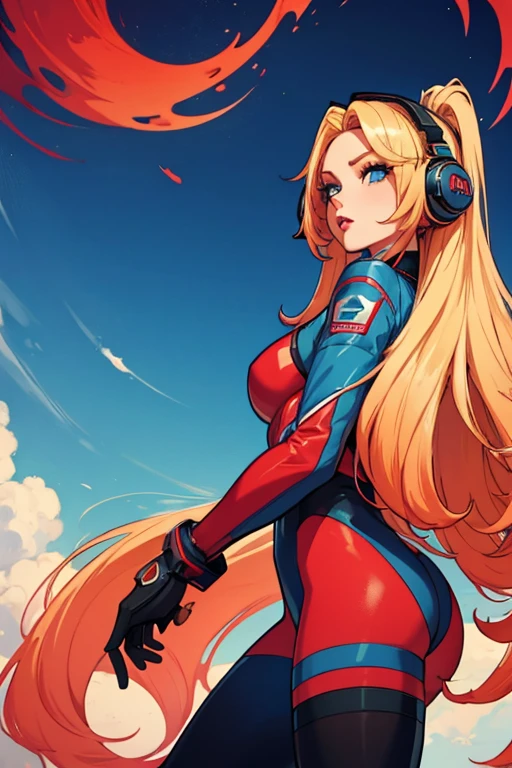 Girl with long blonde hair with blue at the bottom with a red gradient moving up to half way hair, red lips, wearing a pilot suit, headphones, sunglasses