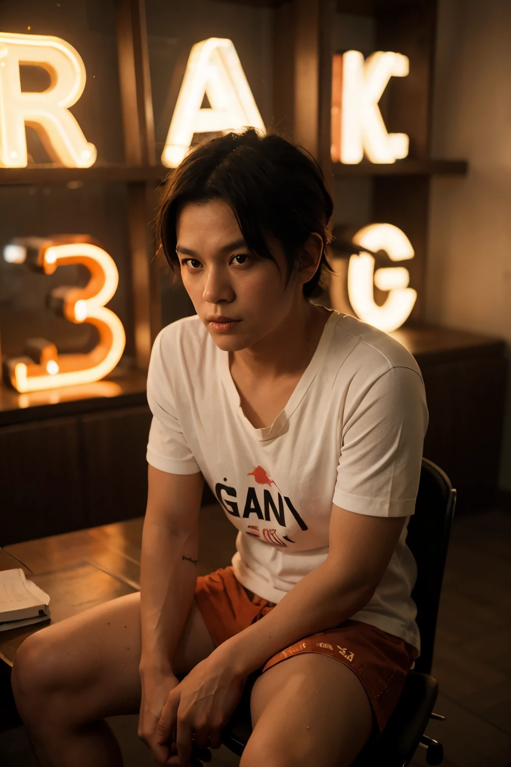 Luffy sitting beside the name text "unangk" with orange neon lighting effects, 3d text