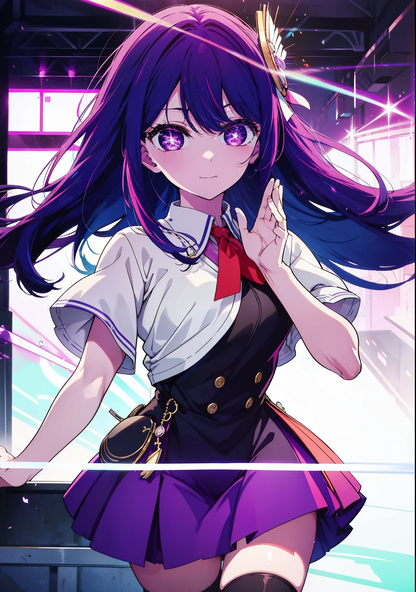 aihoshino, Ai Hoshino, Long Hair, bangs, (Purple eyes:1.1), Purple Hair, (Symbol-shaped pupil:1.5), smile,Medium chest,happy smile, smile, Close your mouth,Hunting Hat,Purple sleeveless dress,Purple mini skirt,Black knee socks,short boots,
Place your right hand on your hip,Looking up from below,whole bodyがイラストに入るように,
break outdoors, In town,ビル街
break looking at viewer, whole body,
break (masterpiece:1.2), highest quality, High resolution, unity 8k wallpaper, (figure:0.8), (Beautiful fine details:1.6), Highly detailed face, Perfect lighting, Highly detailed CG, (Perfect hands, Perfect Anatomy),