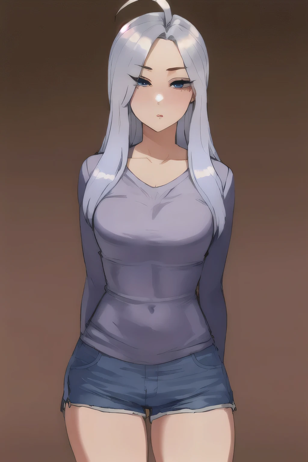 1girl, loose long sleeve shirt, v neck, jean shorts, bored, neutral_expression, from_front, straight-on, looking_at_viewer, shiny_skin, skindentation, hips, arms_behind_back, ahoge, standing, straight-on, cashmere sweater, arms_behind_back, long hair, 
silver_hair, solo, simple_background, :o, 
