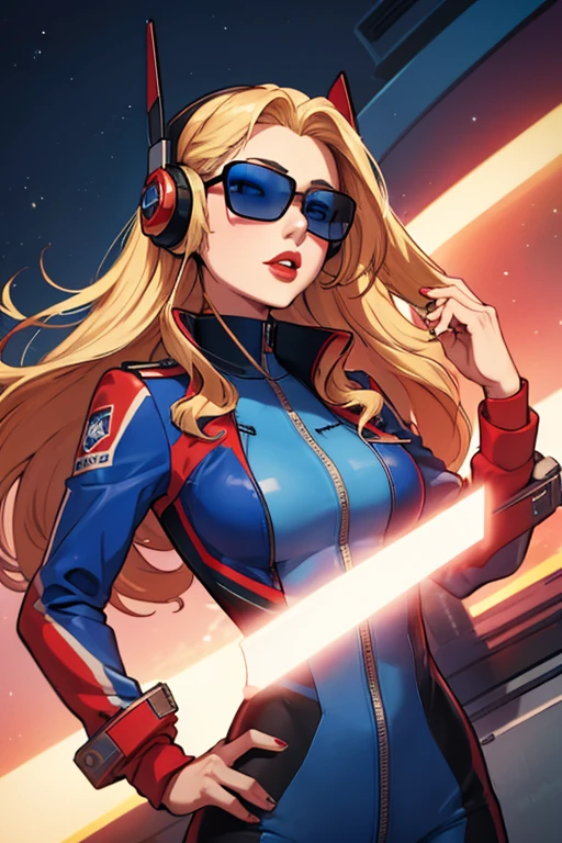 Girl with long blonde hair with blue at the bottom with a red gradient moving up to half way hair, red lips, wearing a pilot suit, headphones, sunglasses