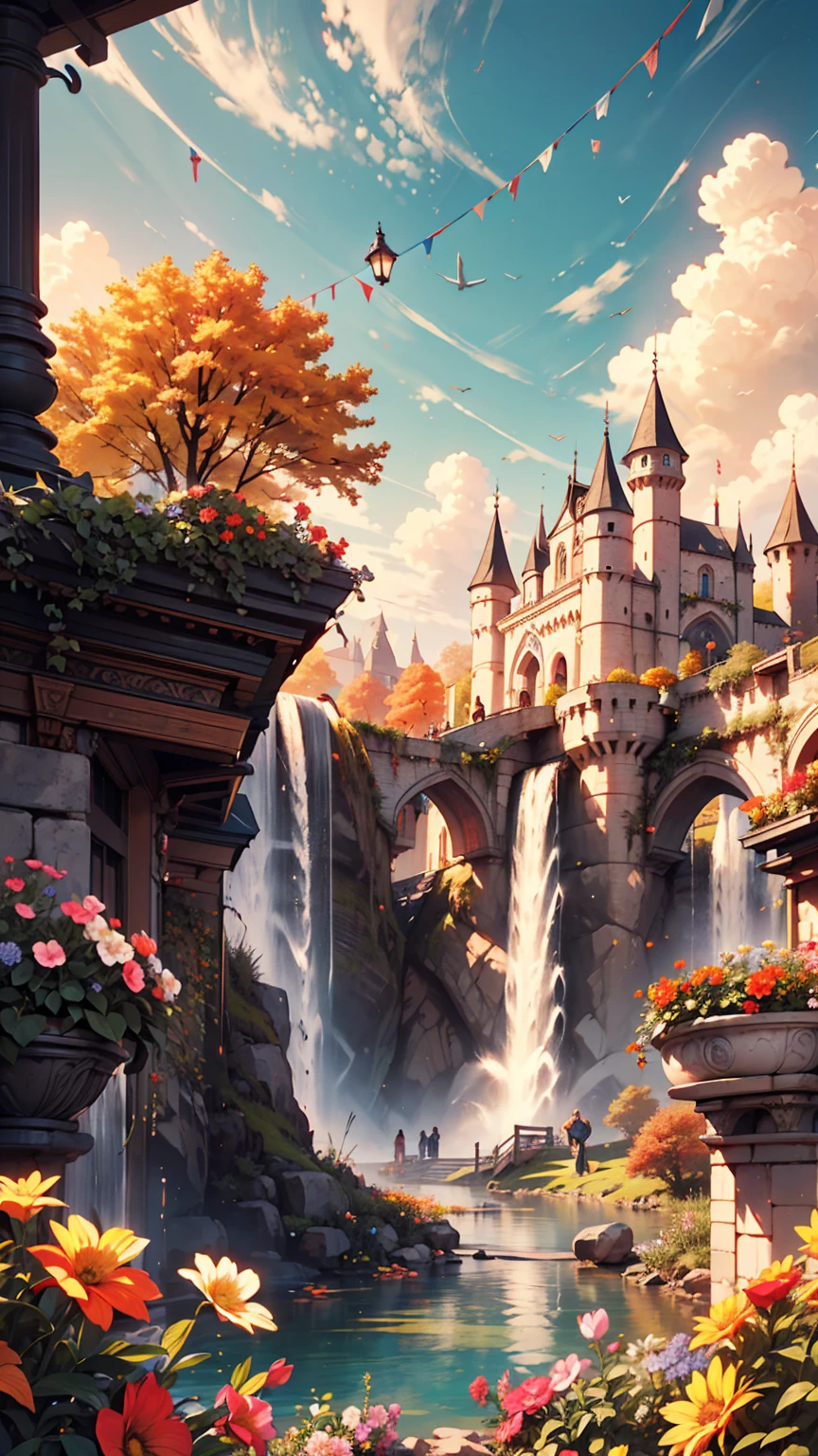 masterpiece, 最high quality, high quality, Very detailed CG unit 8k wallpaper, landscape, Outdoor, null, cloud, Day, A wonderful medieval castle, No humans, Mountain, landscape, water, wood, blue null, waterfall, cliff, nature, lake, river, village, autumn, cloudy null, Colorful flowers, Award-winning photography, Bokeh, Depth of written boundary, High resolution, bloom, chromatic aberration, Realistic, Very detailed, artステーションのトレンド, CGsociety Trends, Complex, High detail, dramatic, art：Mid Journey、Mature Caucasian Woman、Silver Hair