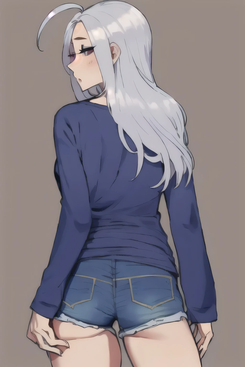 1girl, loose long sleeve shirt, v neck, jean shorts, bored, neutral_expression, from_front, straight-on, looking_at_viewer, shiny_skin, skindentation, hips, arms_behind_back, ahoge, standing, straight-on, cashmere sweater, arms_behind_back, long hair, 
silver_hair, solo, simple_background, :o, back view
