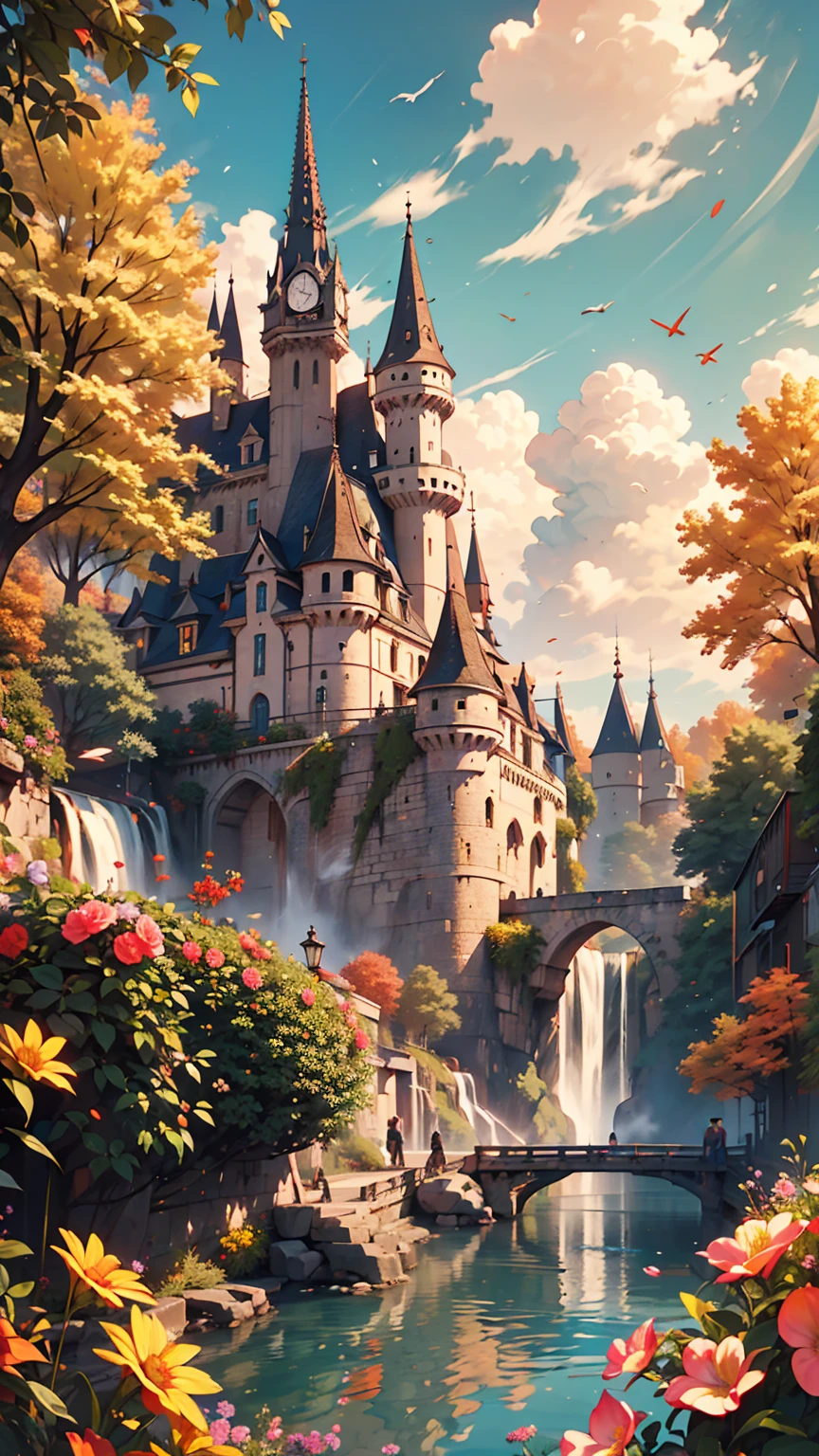masterpiece, 最high quality, high quality, Very detailed CG unit 8k wallpaper, landscape, Outdoor, null, cloud, Day, A wonderful medieval castle, No humans, Mountain, landscape, water, wood, blue null, waterfall, cliff, nature, lake, river, village, autumn, cloudy null, Colorful flowers, Award-winning photography, Bokeh, Depth of written boundary, High resolution, bloom, chromatic aberration, Realistic, Very detailed, artステーションのトレンド, CGsociety Trends, Complex, High detail, dramatic, art:Mid Journey、Mature Caucasian Woman、Silver Hair