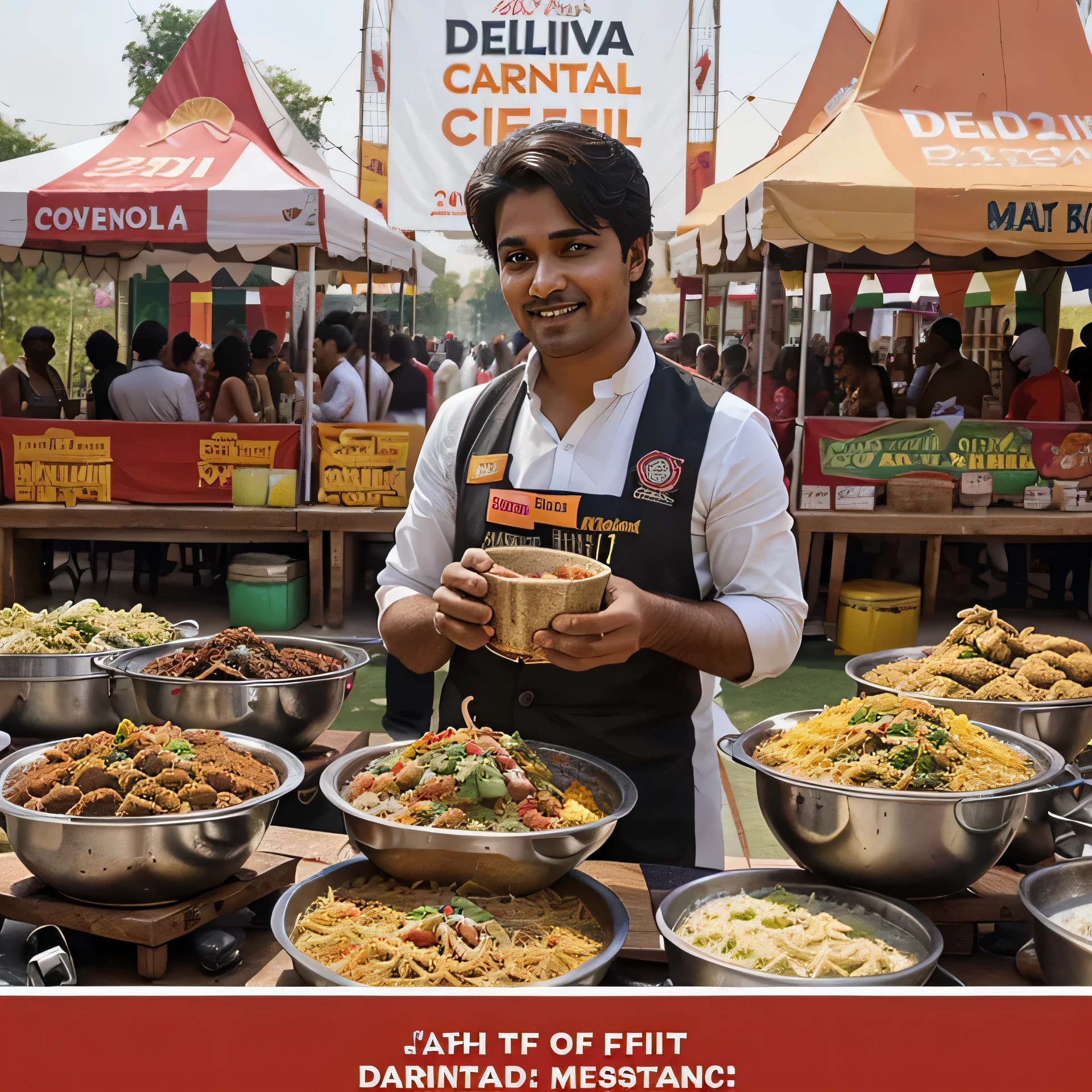 Make a poster for announcing a food festival named as delhi cuisine carnival 2024 coming up in august 2024 where with the best delhi food and great entertainment it is going to be a blast.