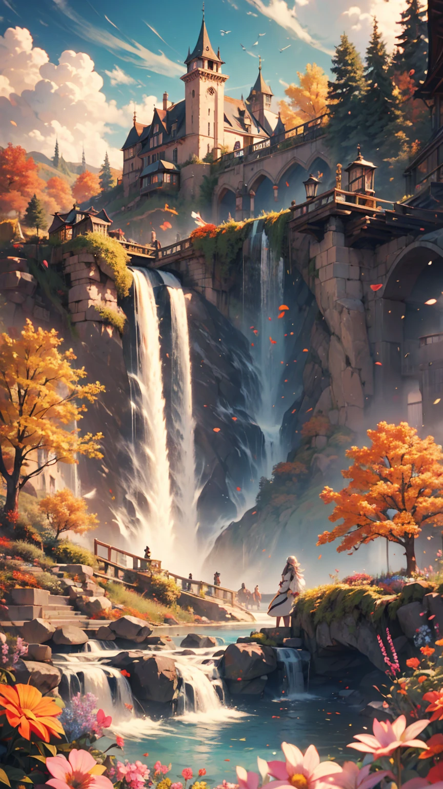 masterpiece, 最high quality, high quality, Very detailed CG unit 8k wallpaper, landscape, Outdoor, null, cloud, Day, A wonderful medieval castle, No humans, Mountain, landscape, water, wood, blue null, waterfall, cliff, nature, lake, river, village, autumn, cloudy null, Colorful flowers, Award-winning photography, Bokeh, Depth of written boundary, High resolution, bloom, chromatic aberration, Realistic, Very detailed, artステーションのトレンド, CGsociety Trends, Complex, High detail, dramatic, art：Mid Journey、Mature Caucasian Woman、Silver Hair