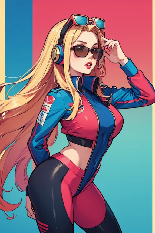 Girl with long blonde hair with blue at the bottom with a red gradient moving up to half way hair, red lips, wearing a pink pilot suit, headphones, sunglasses