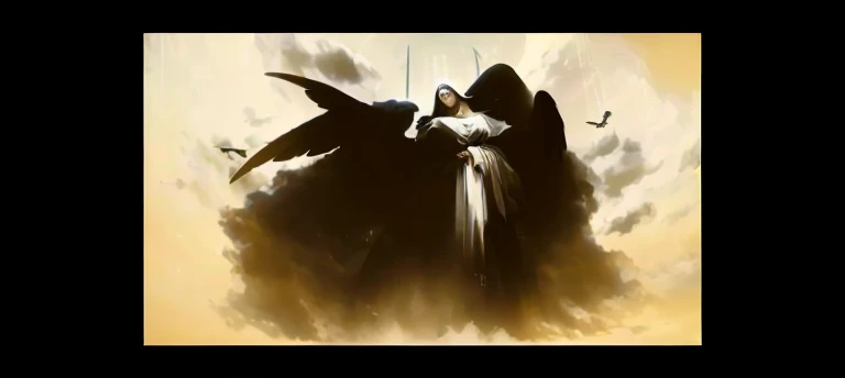 Close-up of a person with a bird on a plate, the Angel of Death, angel boo, Angel of Death, Angel of the Old Testament, the Angel of Death with a halo, Malak Verdun, Inspired by Joseph Clement Cole, Wings are dark clouds, The angel is watching the devil, Animated film still, Takato Yumamoto. 4 k