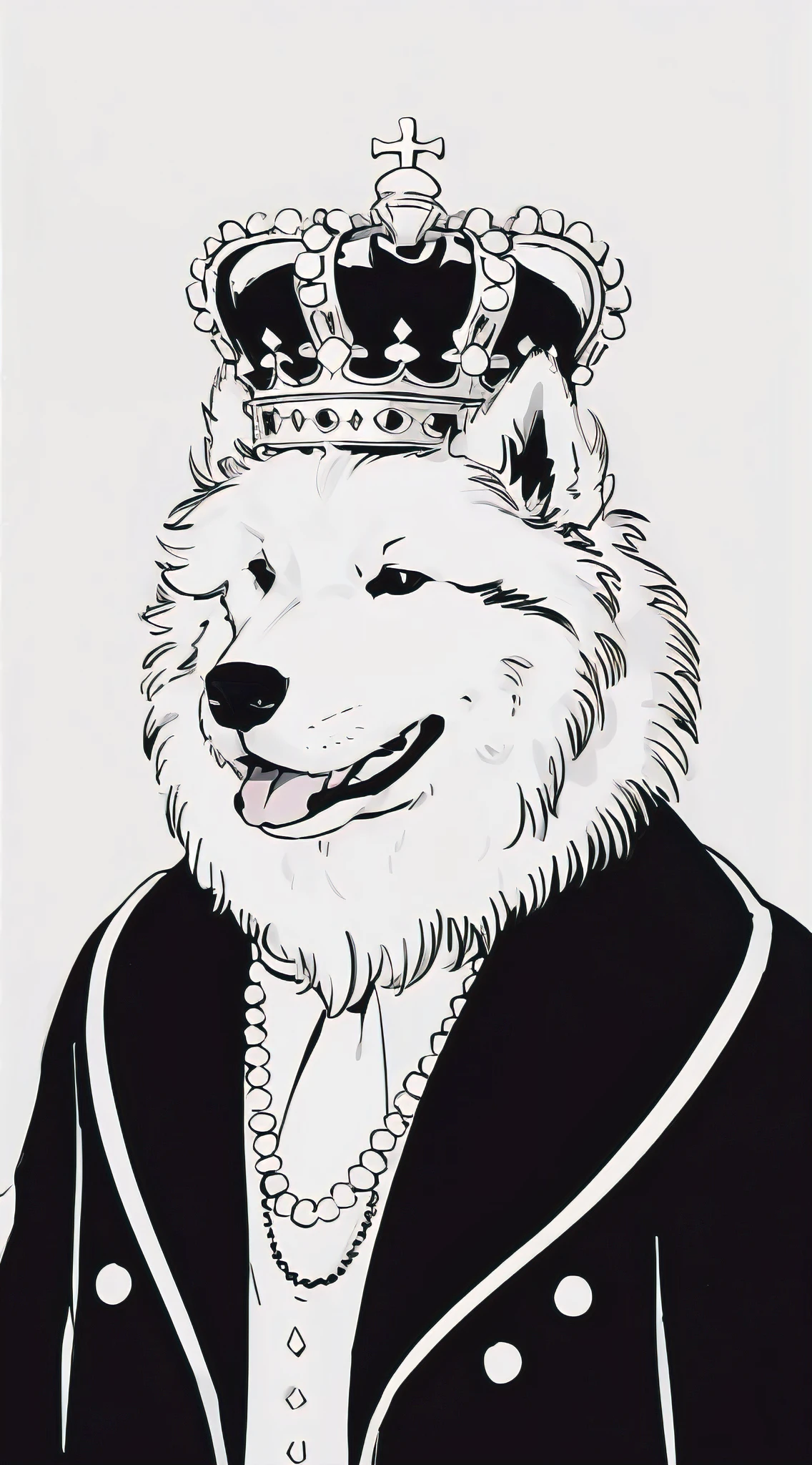 A black and white minimalist illustration of a majestic Samoyed dog, wearing a regal crown adorned with jewels and draped in a luxurious velvet coat. The dog's fur is stylized with simple, bold lines, emphasizing its elegant and dignified posture. The overall composition is clean and refined, capturing the essence of a royal portrait.