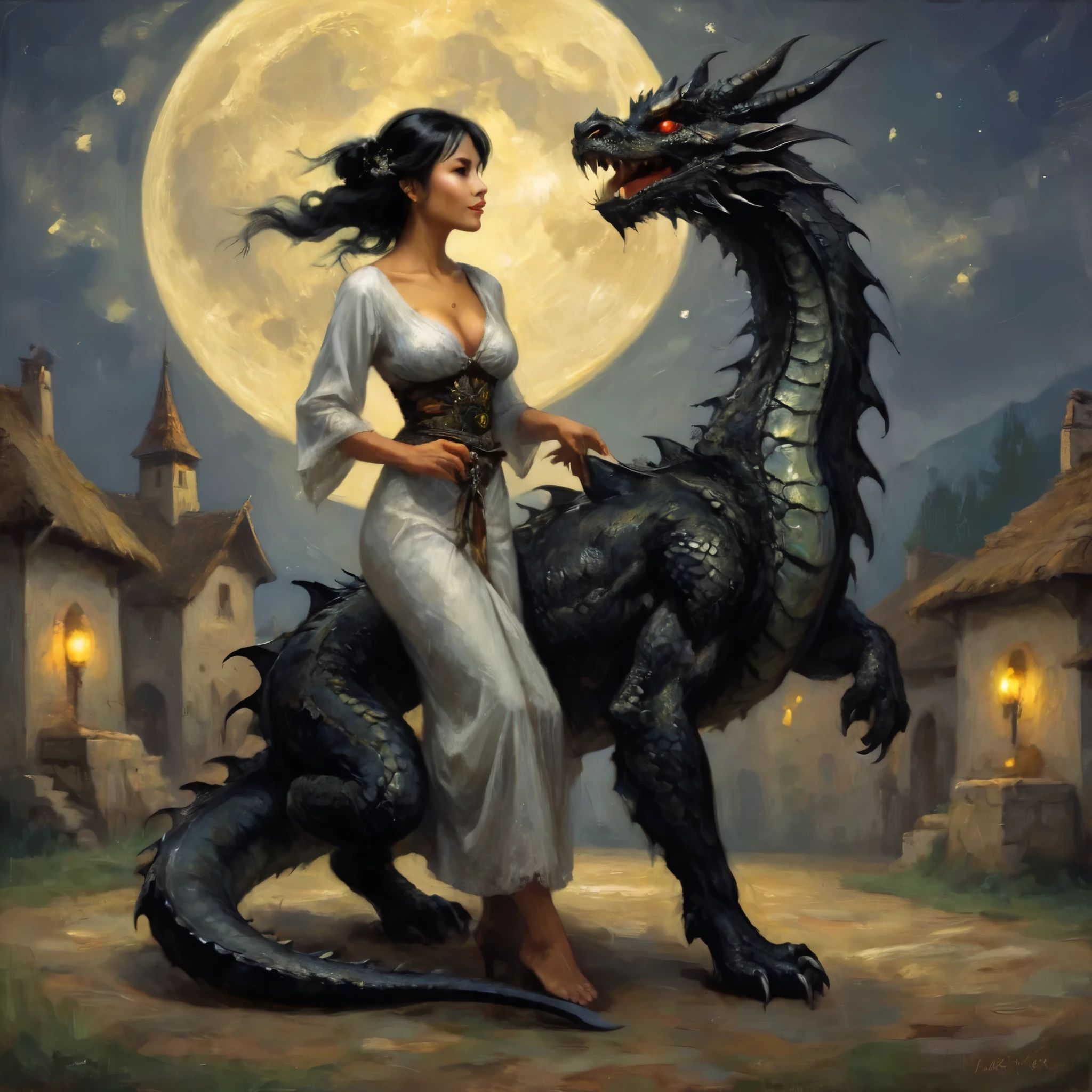 A serpentine black dragon magically transforms into a lovely Malaysian woman (dressed like a Romanian trollop), set in a medieval European village under a full moon. She is a trickster spirit and has seduction to get up too, her dress ACCIDENTALLY drops off how clumsy (show her from head to toe, she hand bra covers herself just enough to be SFW)