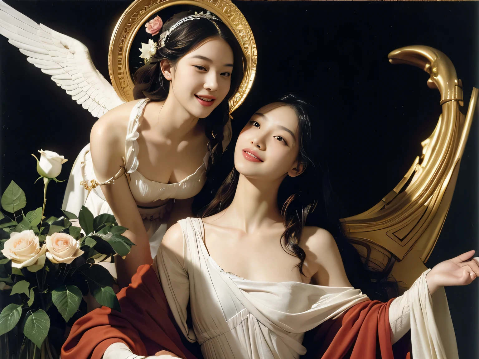 Female angel with two white wing,full body portrait or statue、Sandro Botticelli painting style,Arguments of two female Philosophe,math、astronomical machine、astronaut、roses in vase、fruits、Cute trinkets、smile、ancient greek costume、Ancient Roman landscape in the style of Nicolas Poussin,laughter,,Sweet and seductive appearance.、Caravaggio's paintings、Chiaroscuro of Caravaggio、hair tousled by the wind,Two women frolicking,cute smile, expression of ecstasy,Sexy,erotic