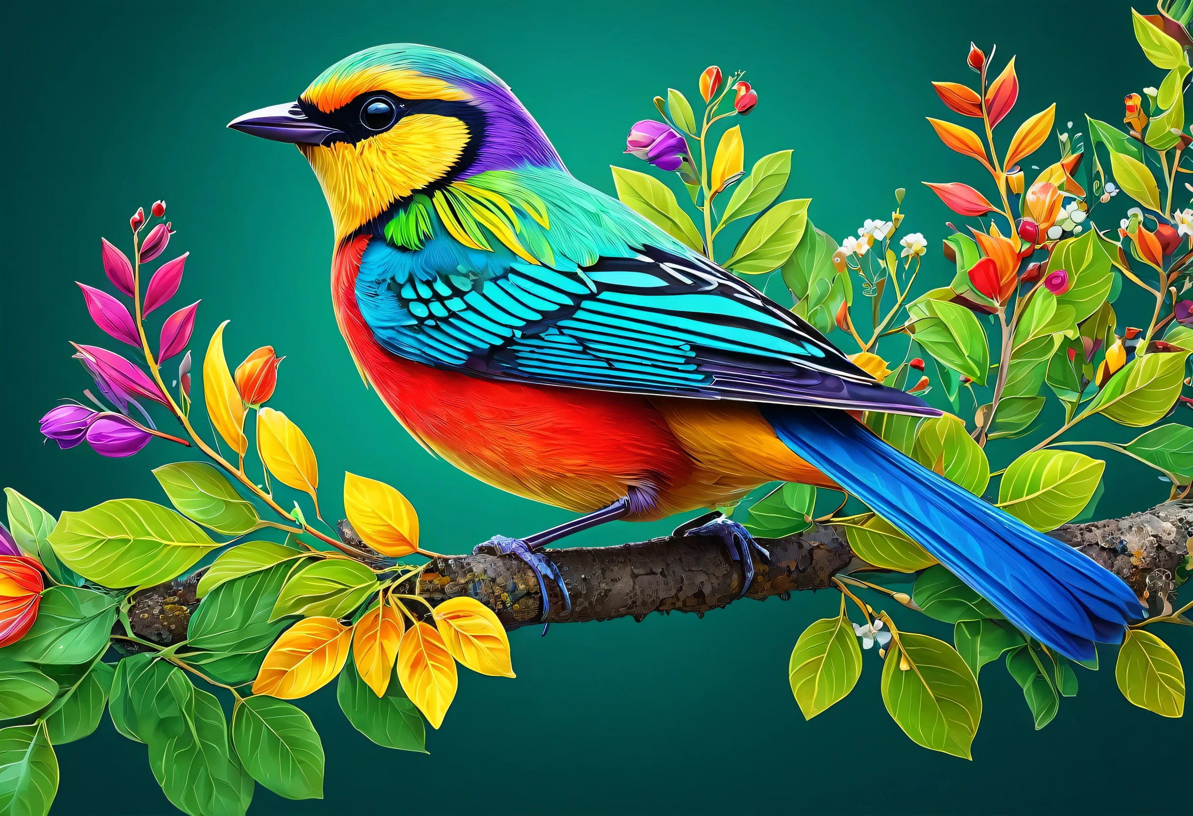 A brightly colored bird perched on a branch with leaves and flowers, Digital Art inspired by Charles Bird King, Trending on pexels, Digital Art, Colorful HD images, Colorful 8 k, Multicolored birds, Beautiful and colorful, Long colorful bird, Beautiful colorful, Colorful 4K, Beautiful and vibrant colors, Colourful and detailed, 4k highly detailed Digital Art