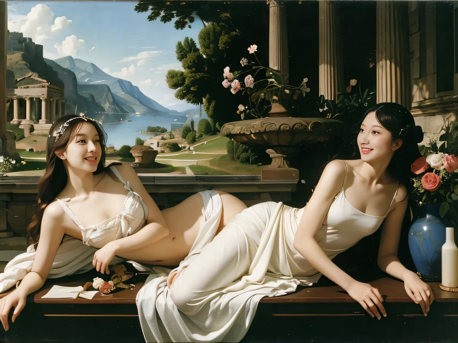 Female angel with two white wing,full body portrait or statue、Sandro Botticelli painting style,Arguments of two female Philosophe,math、astronomical machine、astronaut、roses in vase、fruits、Cute trinkets、smile、ancient greek costume、Ancient Roman landscape in the style of Nicolas Poussin,laughter,,Sweet and seductive appearance.、Caravaggio's paintings、Chiaroscuro of Caravaggio、hair tousled by the wind,Two women frolicking,cute smile, expression of ecstasy,Sexy,erotic