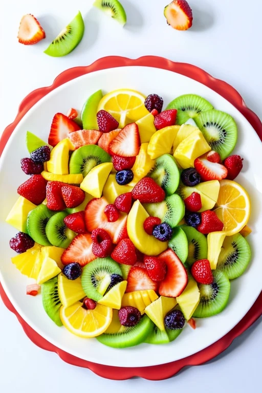 A realistic depiction of a variety of summer fruits beautifully cut and arranged on a plate. The fruits include watermelon, pineapple, strawberries, mango, and kiwi, all sliced into bite-sized pieces. The arrangement is colorful and aesthetically pleasing, with the fruits neatly displayed on a white plate. The background is simple and clean, highlighting the freshness and vibrancy of the summer fruits.
