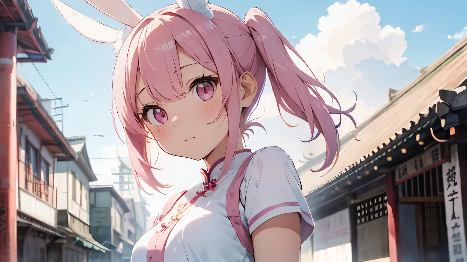 highest quality, pretty girl, pastel colour, Fluffy bunny ears, Pink short bob,Pale pink eyes,Cheongsam,Chinese temple