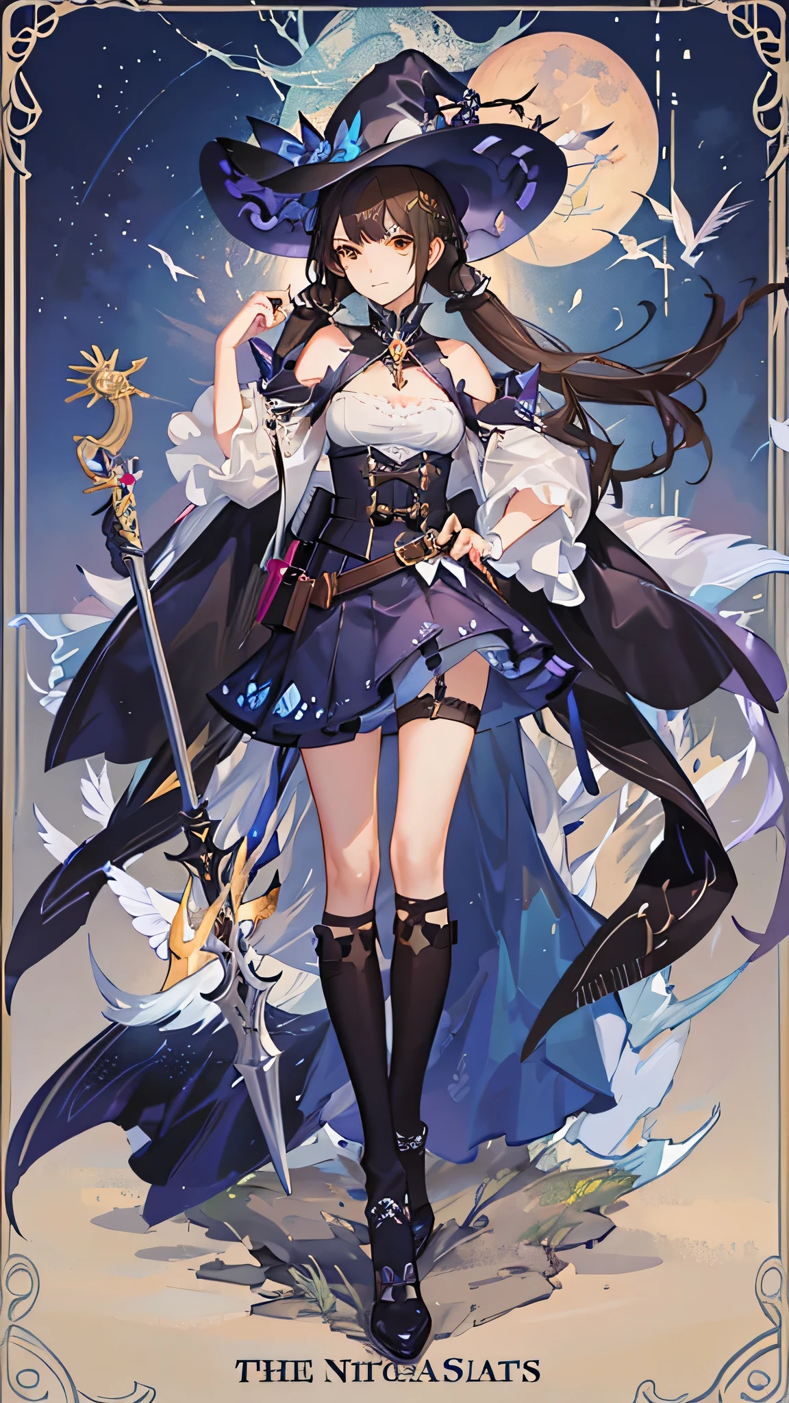 colorful butterfly,girl,full body,witch hat,(detailed face:1.2), Tarot border,The portrait is centered,(no weapon),, medium hair, black hair, twintails, blunt bangs, brown eyes,