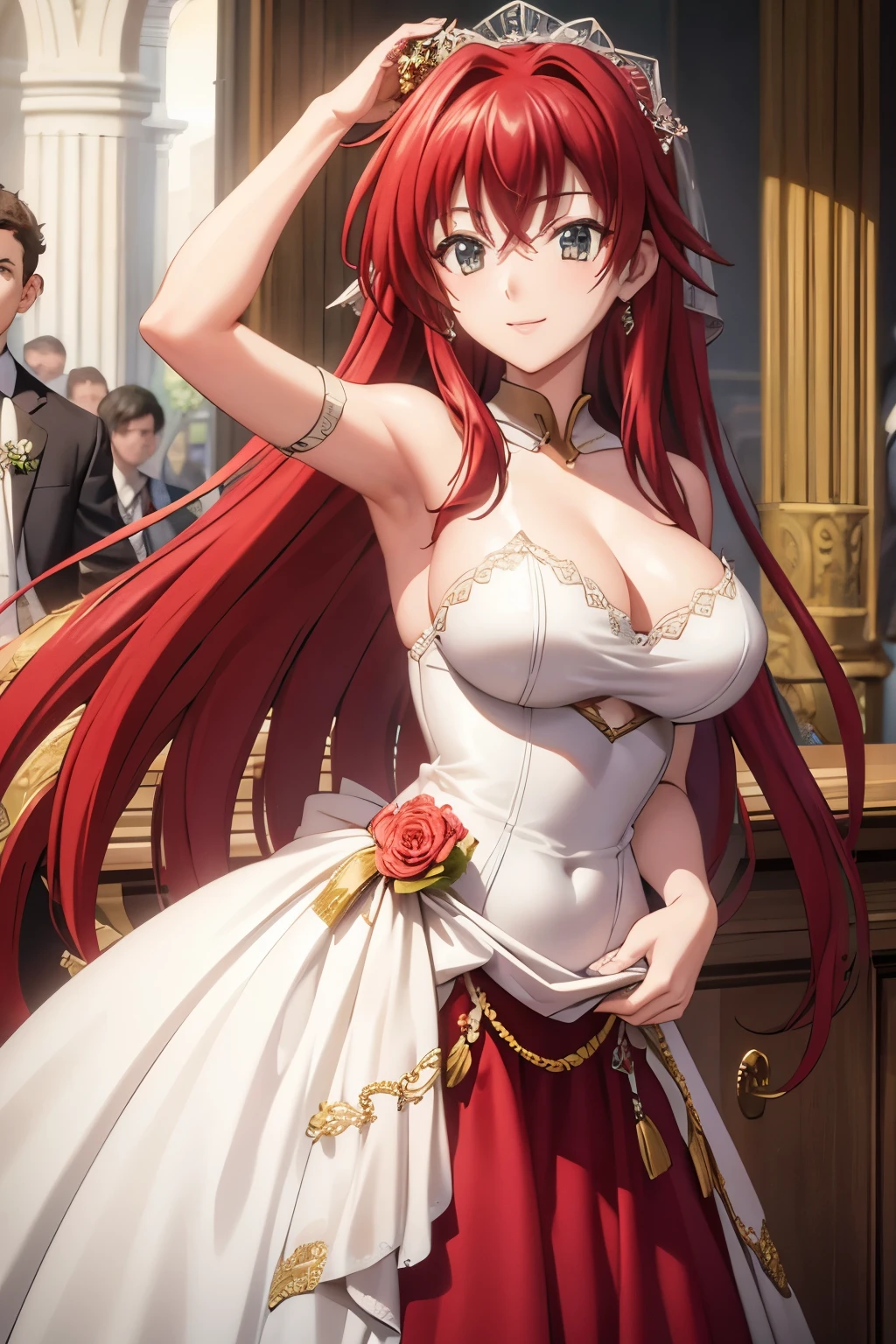 CG，1 female，20 years old, bride, wedding dress, red hair, wedding gown, Bouquet, smile