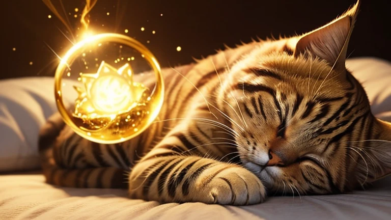 Midas Magic, Golden aura , Sparkle,god々Cool atmosphere,A cat is a fantasy, god秘の獣, Glowing Eyes,animal , Brown tabby cat, Sleeping comfortably,Dreaming