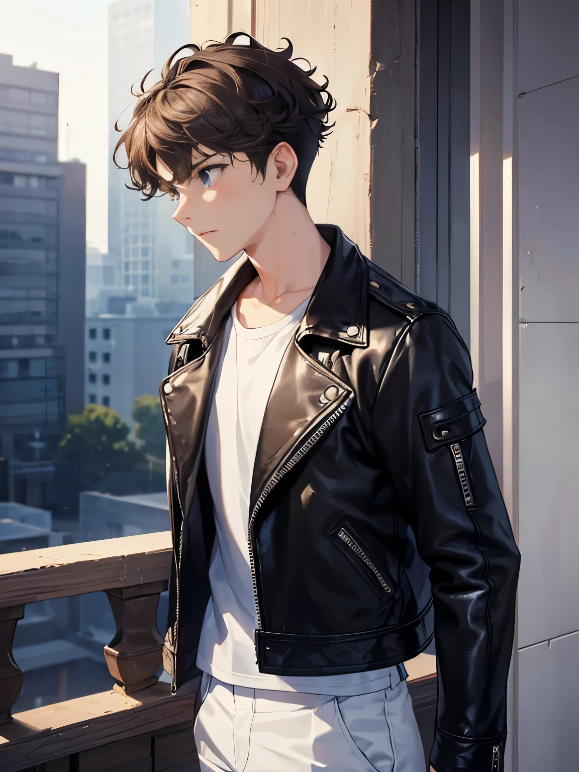 1boy,guy,Standing, sad expression, Facing right, camera angle from the side, photo from the side, looking away,18 years old,Curly hair,blue eyes,medium hair,undercut hairstyle,light brown hair,black jacket,Leather jacket,white t-shirt,white trousers,morning,ultra detail,masterpiece