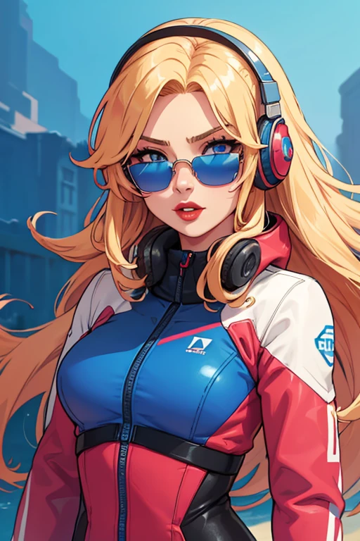 Girl with long blonde hair with blue at the bottom with a red gradient moving up to half way hair, red lips, wearing a pink and light blue pilot suit, headphones, sunglasses