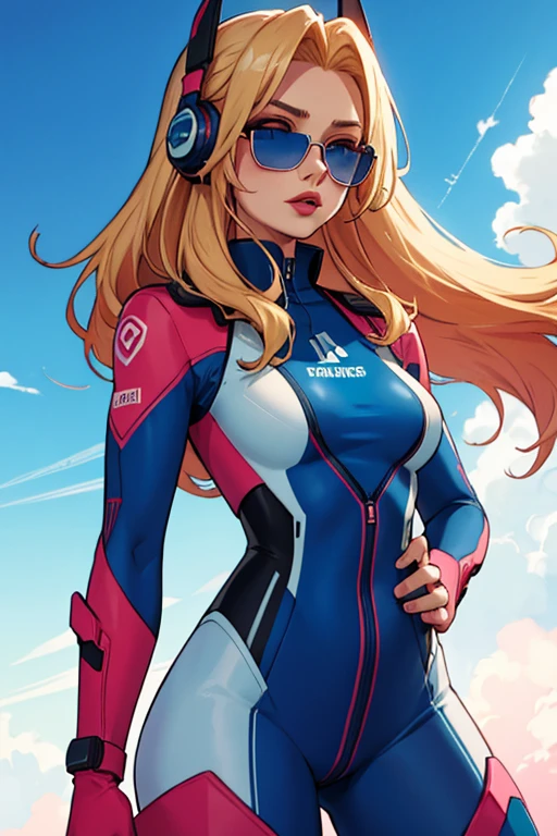 Girl with long blonde hair with blue at the bottom with a red gradient moving up to half way hair, red lips, wearing a pink and light blue pilot suit, headphones, sunglasses