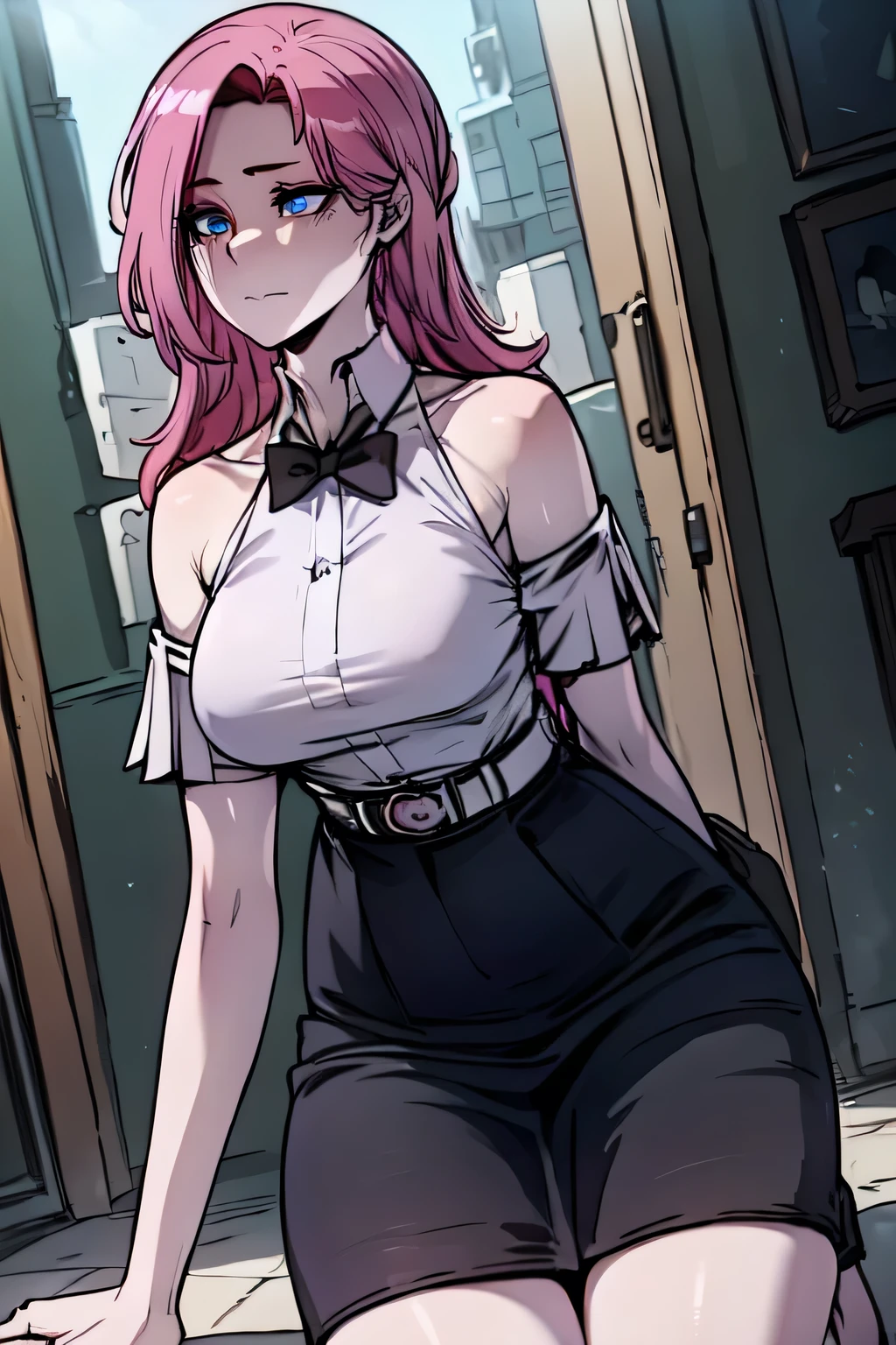 (masterpiece:1.2), (pale skin:1.2), (8k:1.2), (solo:1.2), (female:1.4), (dynamic angle), pink hair, blue eyes, white dress, (skirt:1.2), closed mouth