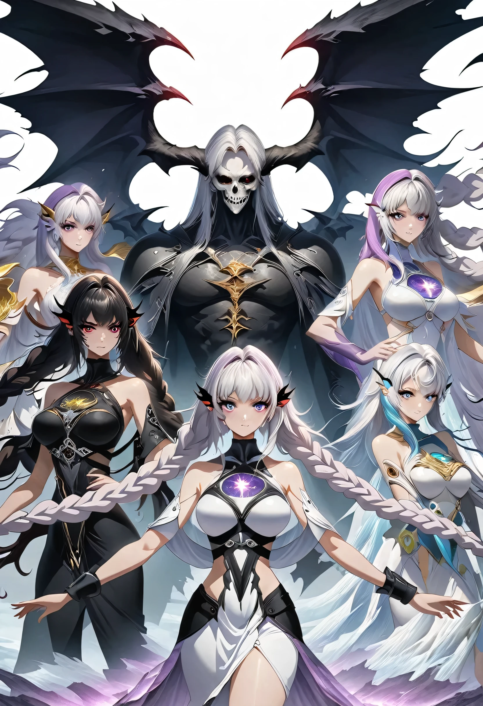 Death Demon,Dragon Island, Double braid girl,(White background:1.2)，Cartoon character with wings flying over woman in purple and white dress, Anime fantasy illustration, white hair deity, Fantasy style anime, Anime Fantasy Artwork, Anime Cover, Fantasy art style, Ethereal Anime, white hair, white hair, Beautiful fantasy anime, Nixon and Sagemchan, Queen and ruler of the universe, Anime style 4k， Cool anime 8K, Devil anime girl, Anime epic artwork, best anime 4k konachan wallpapers, angel knight girl, 2. 5D CGI anime fantasy artwork, Angels Watching the Devil, Anime Key Art, Eros and Thanatos, Dark Angel, Epic anime style, Ghost Hunters Art Style