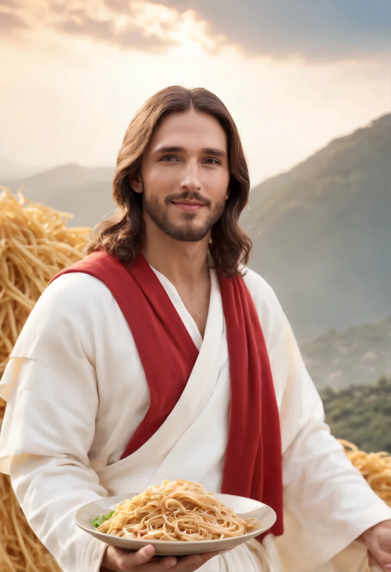 Jesus, jesus christ, handsome, thin beard, brown hair, wearing a white robe, wearing a red shawl on his shoulders, standing in the middle, facing forward, behind the head there is a bright yellow light, bright clouds background, in the sky, ((holding a plate of noodles)), holding a plate of noodles, realistic, 4k, best resolution, high resolution, wearing sunglasses, smiling,