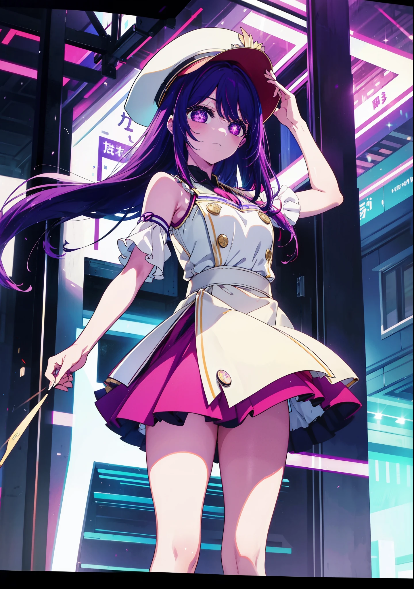 aihoshino, Ai Hoshino, Long Hair, bangs, (Purple eyes:1.1), Purple Hair, (Symbol-shaped pupil:1.5), smile,Medium chest,happy smile, smile, Close your mouth,Hunting Hat,Purple sleeveless dress,Purple mini skirt,Black knee socks,short boots,
Place your right hand on your hip,Looking up from below,whole bodyがイラストに入るように,
break outdoors, In town,ビル街
break looking at viewer, whole body,
break (masterpiece:1.2), highest quality, High resolution, unity 8k wallpaper, (figure:0.8), (Beautiful fine details:1.6), Highly detailed face, Perfect lighting, Highly detailed CG, (Perfect hands, Perfect Anatomy),