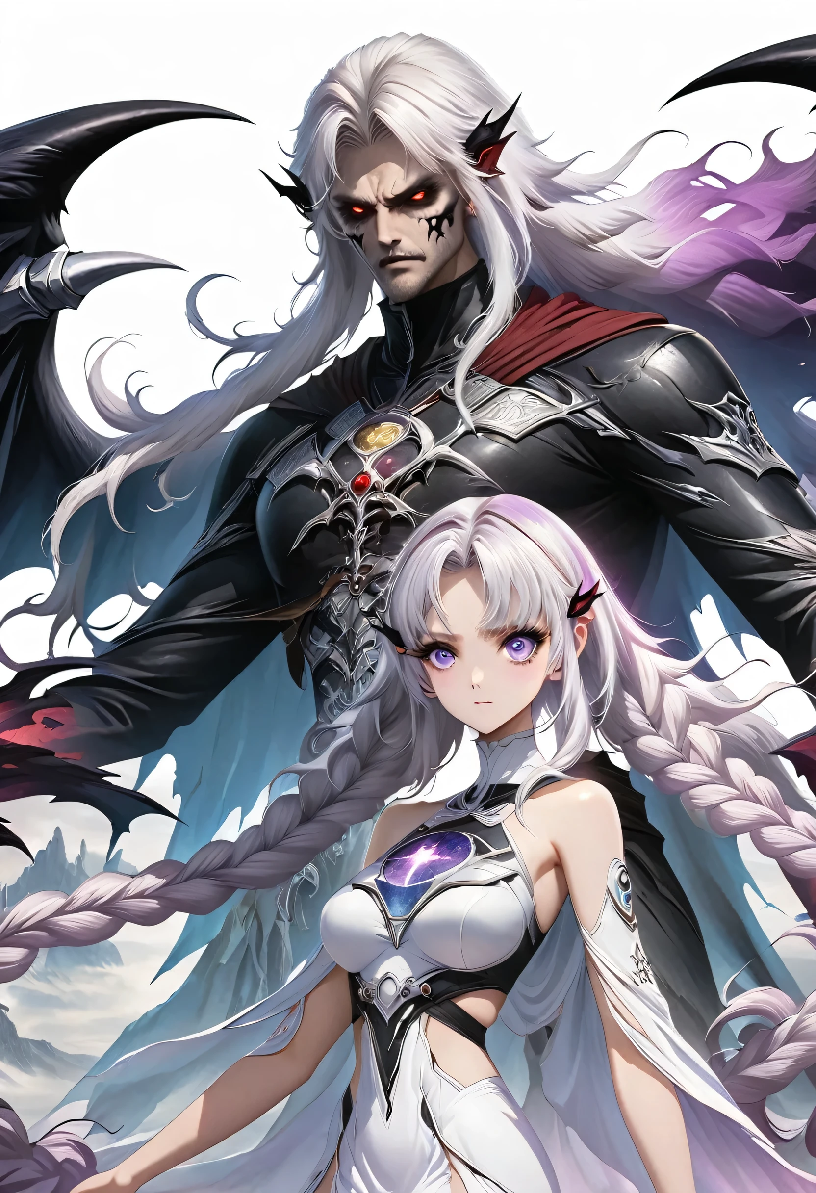 Death Demon,Dragon Island, Double braid girl,(White background:1.2)，Cartoon character with wings flying over woman in purple and white dress, Anime fantasy illustration, white hair deity, Fantasy style anime, Anime Fantasy Artwork, Anime Cover, Fantasy art style, Ethereal Anime, white hair, white hair, Beautiful fantasy anime, Nixon and Sagemchan, Queen and ruler of the universe, Anime style 4k， Cool anime 8K, Devil anime girl, Anime epic artwork, best anime 4k konachan wallpapers, angel knight girl, 2. 5D CGI anime fantasy artwork, Angels Watching the Devil, Anime Key Art, Eros and Thanatos, Dark Angel, Epic anime style, Ghost Hunters Art Style