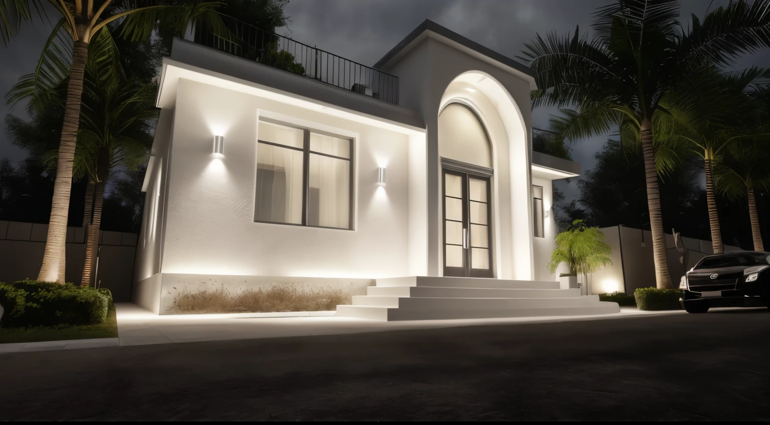 ((1 morden house like egg format)), main material by ((white wall)), 1large yard, 1 road runs in front of the house, (((VERTICAL WALLs was covered by white color))), (RAW photo, real, best quality, masterpiece:1.2), look morden minimalist, 1 road in front of the house, dynamic lighting:1.3, (hyper realistic, photo-realistic:1.2), high quality, (dark lighting:1.2), perfect lighting, archdaily, no human