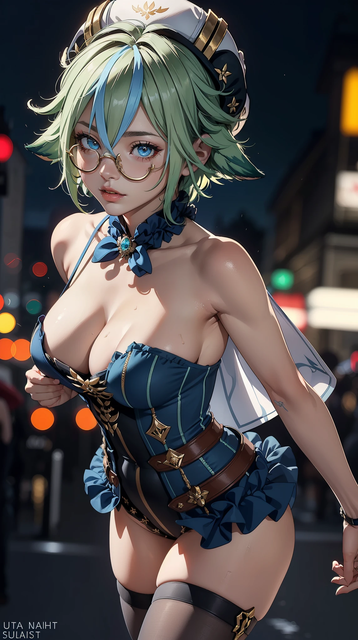 Solo, ((masterpiece)),(best quality),((ultra detailed)), (( blurry night background)), (dynamic angle),((beautiful detailed eyes), ((dynamic pose)), pretty face, ((sexy, cleavage)),((sucrosedef))