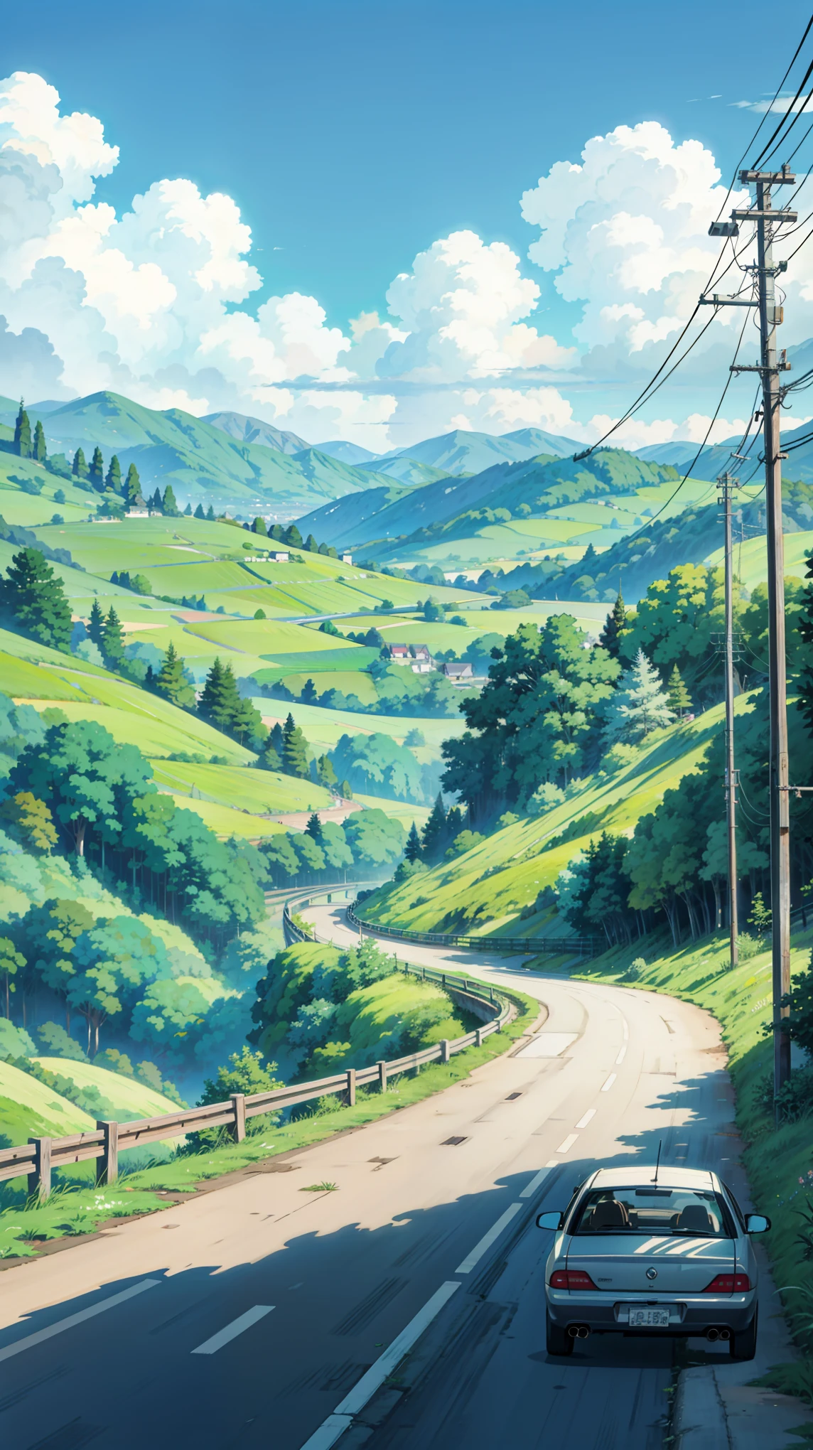 a painting of a car driving down a road next to a lush green hillside, anime countryside landscape, makoto shinkai. high detail, by Kaii Higashiyama, anime landscape, anime landscape wallpaper, by makoto shinkai, by Makoto Shinkai, anime. by makoto shinkai, hd anime cityscape, anime scenery concept art, anime scenery, style of makoto shinkai, makoto shinkai art style, anime. by makoto shinkai, by Makoto Shinkai, by makoto shinkai, anime scenery, kyoto animation, 4k hd,, beautiful art uhd 4 k, a beautiful artwork illustration, beautiful digital painting, highly detailed digital painting, beautiful digital artwork, detailed painting 4 k, very detailed digital painting, rich picturesque colors, gorgeous digital painting, saturated, no human