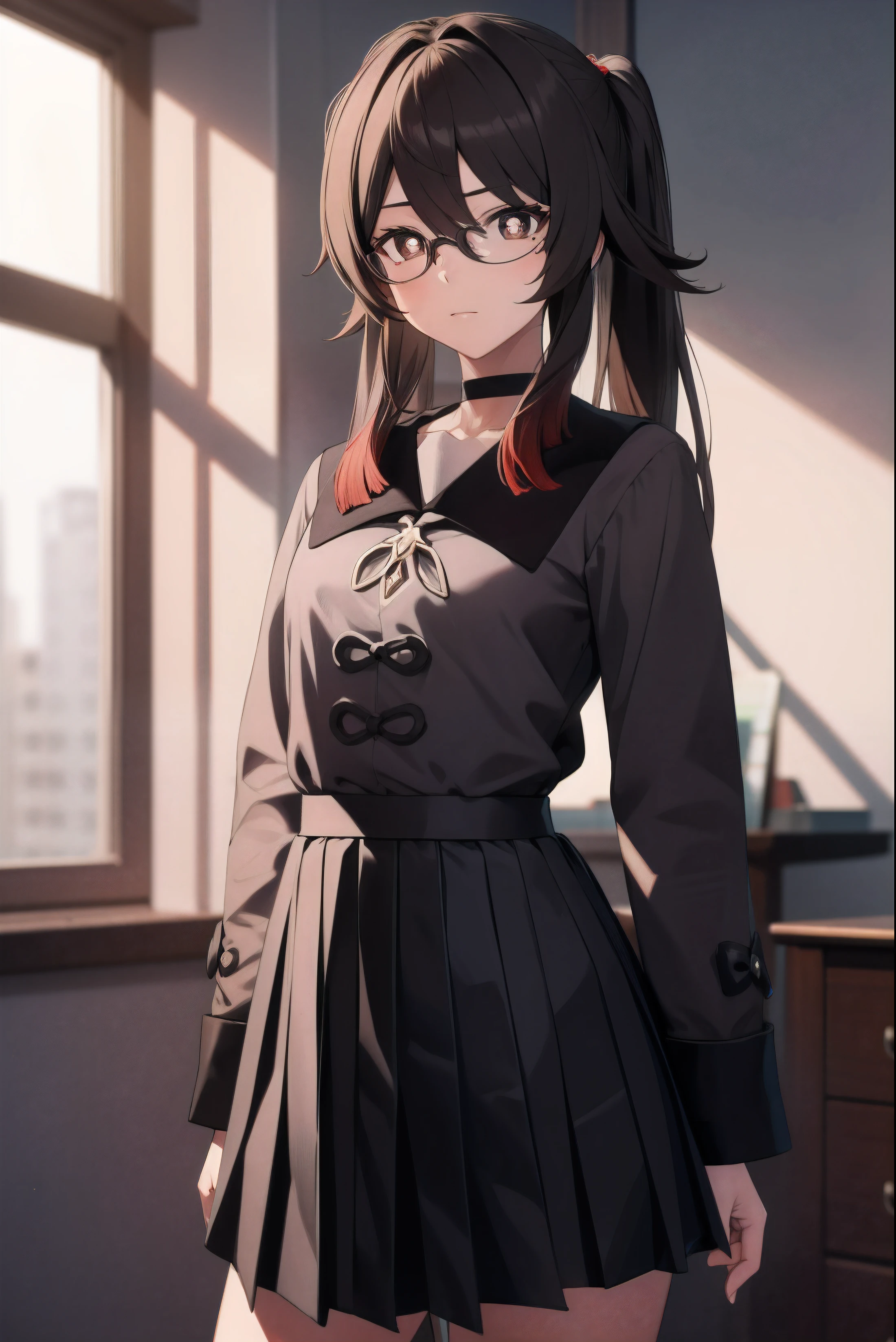 Hu tao, glasses, mole, (black eyes:1.5), mole under mouth, rimless eyewear, medium hair,
BREAK long sleeves, , serafuku, choker, black choker, skirt, pleated skirt,
BREAK indoors, classroom,
BREAK looking at viewer, (cowboy shot:1.5),
BREAK (masterpiece:1.2), best quality, high resolution, unity 8k wallpaper, (illustration:0.8), (beautiful detailed eyes:1.6), extremely detailed face, perfect lighting, extremely detailed CG, (perfect hands, perfect anatomy),