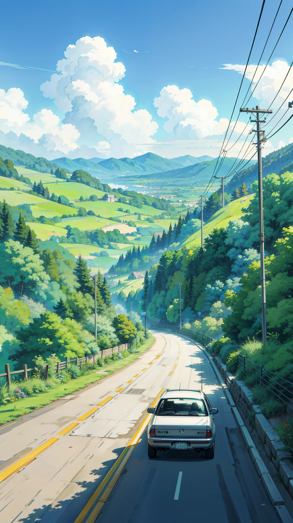 a painting of a car driving down a road next to a lush green hillside, anime countryside landscape, makoto shinkai. high detail, by Kaii Higashiyama, anime landscape, anime landscape wallpaper, by makoto shinkai, by Makoto Shinkai, anime. by makoto shinkai, hd anime cityscape, anime scenery concept art, anime scenery, style of makoto shinkai, makoto shinkai art style, anime. by makoto shinkai, by Makoto Shinkai, by makoto shinkai, anime scenery, kyoto animation, 4k hd,, beautiful art uhd 4 k, a beautiful artwork illustration, beautiful digital painting, highly detailed digital painting, beautiful digital artwork, detailed painting 4 k, very detailed digital painting, rich picturesque colors, gorgeous digital painting, saturated, no human