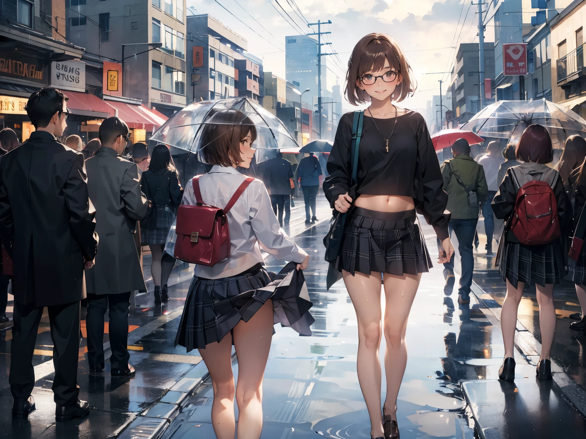 (super flat, flat shading), Honors Type, Really blushing, , high school girl, wearing long sleeve shirt and plaid pleated mini skirt, Short bob cut brown hair, Glasses, sweaty healthy body, smile, bare legs, loafers, ultra realistic, early morning, breeze skirt lift, (clothes lift:1.2) (navel:1.5), (standing and legs open), in crowded street, rainy day, transparent clothes,