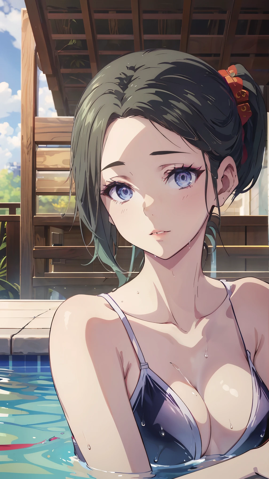 deep skin,textured skin, long hair, black hair, blue eyes, ponytail, highres:1.0), haruhiko_ichijou, makeup, purple lipstick, purple eyeshadow, beautiful face, hyperdetail face, woman in a gray dress laying on a pool, a picture by Tadashi Nakayama, tumblr, shin hanga, wet swimsuit, realistic young gravure idol, young skinny gravure idol, young sensual gravure idol, sophisticated gravure idol, hot with shining sun, young pretty gravure idol, realistic sensual gravure idol, next to a pool