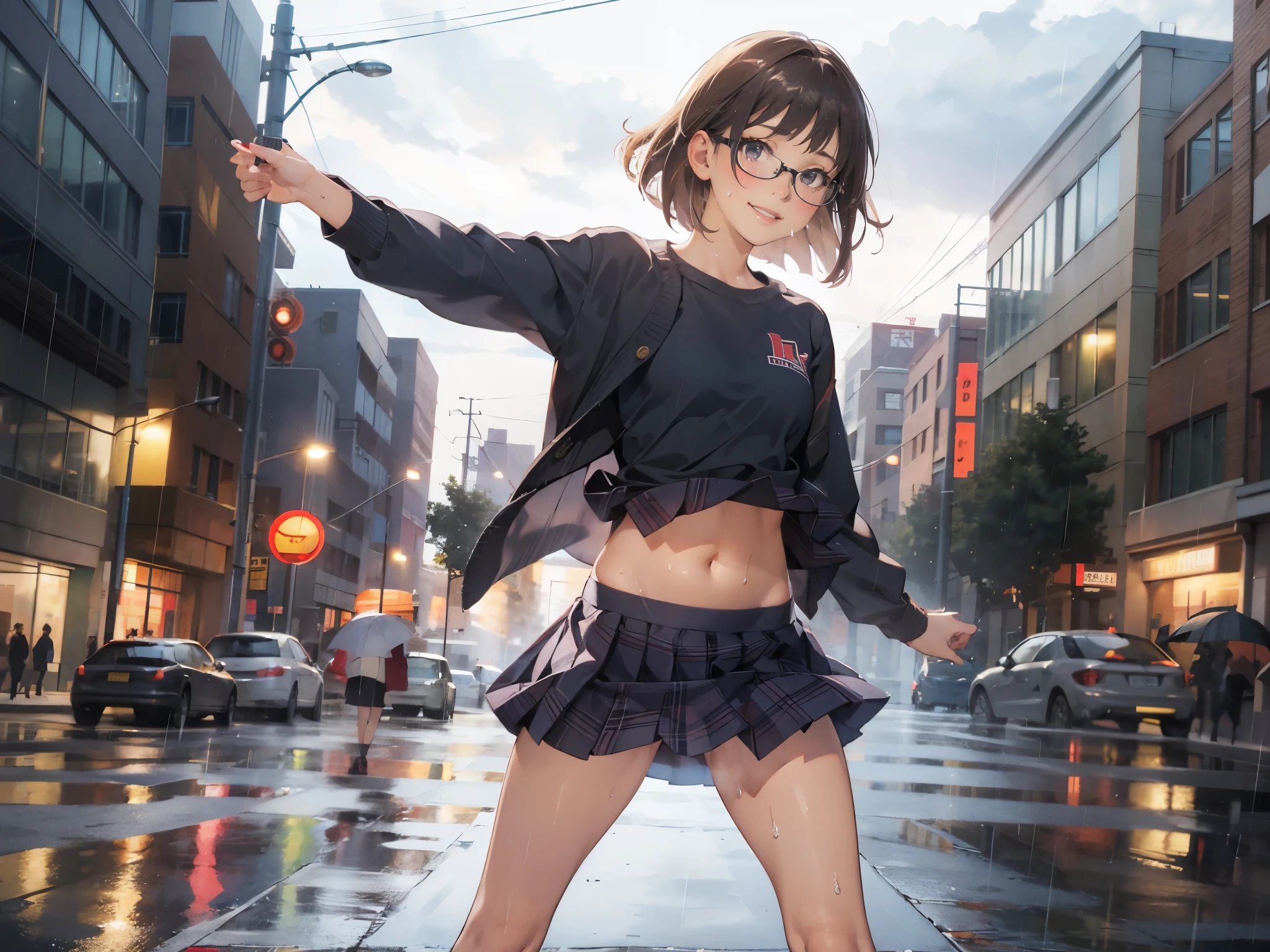 (super flat, flat shading), Honors Type, Really blushing, , high school girl, wearing long sleeve shirt and plaid pleated mini skirt, Short bob cut brown hair, Glasses, sweaty healthy body, smile, bare legs, loafers, ultra realistic, early morning, breeze skirt lift, (clothes lift:1.2) (navel:1.5), (standing and spread legs open), in crowded street, rainy day, transparent clothes,