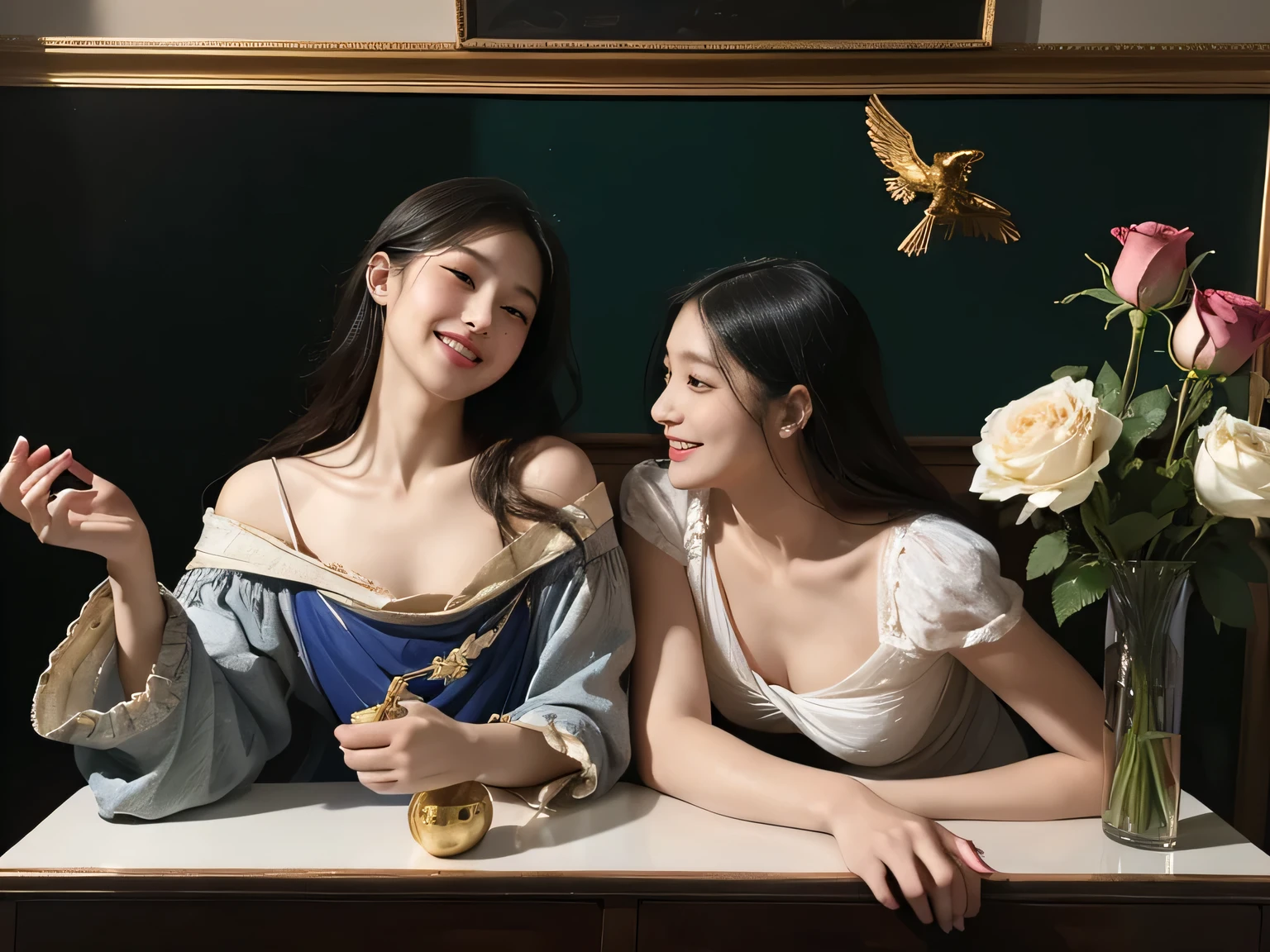 Female angel with two white wing,full body portrait or statue、Sandro Botticelli painting style,Arguments of two female Philosophe,math、astronomical machine、astronaut、roses in vase、fruits、Cute trinkets、smile、ancient greek costume、Ancient Roman landscape in the style of Nicolas Poussin,laughter,,Sweet and seductive appearance.、Caravaggio's paintings、Chiaroscuro of Caravaggio、hair tousled by the wind,Two women frolicking,cute smile, expression of ecstasy,Sexy,erotic