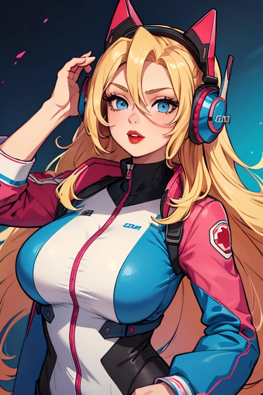 Girl with long blonde hair with blue at the bottom with a red gradient moving up to half way hair, red lips, , wearing a pink and light blue pilot suit, headphones, sunglasses