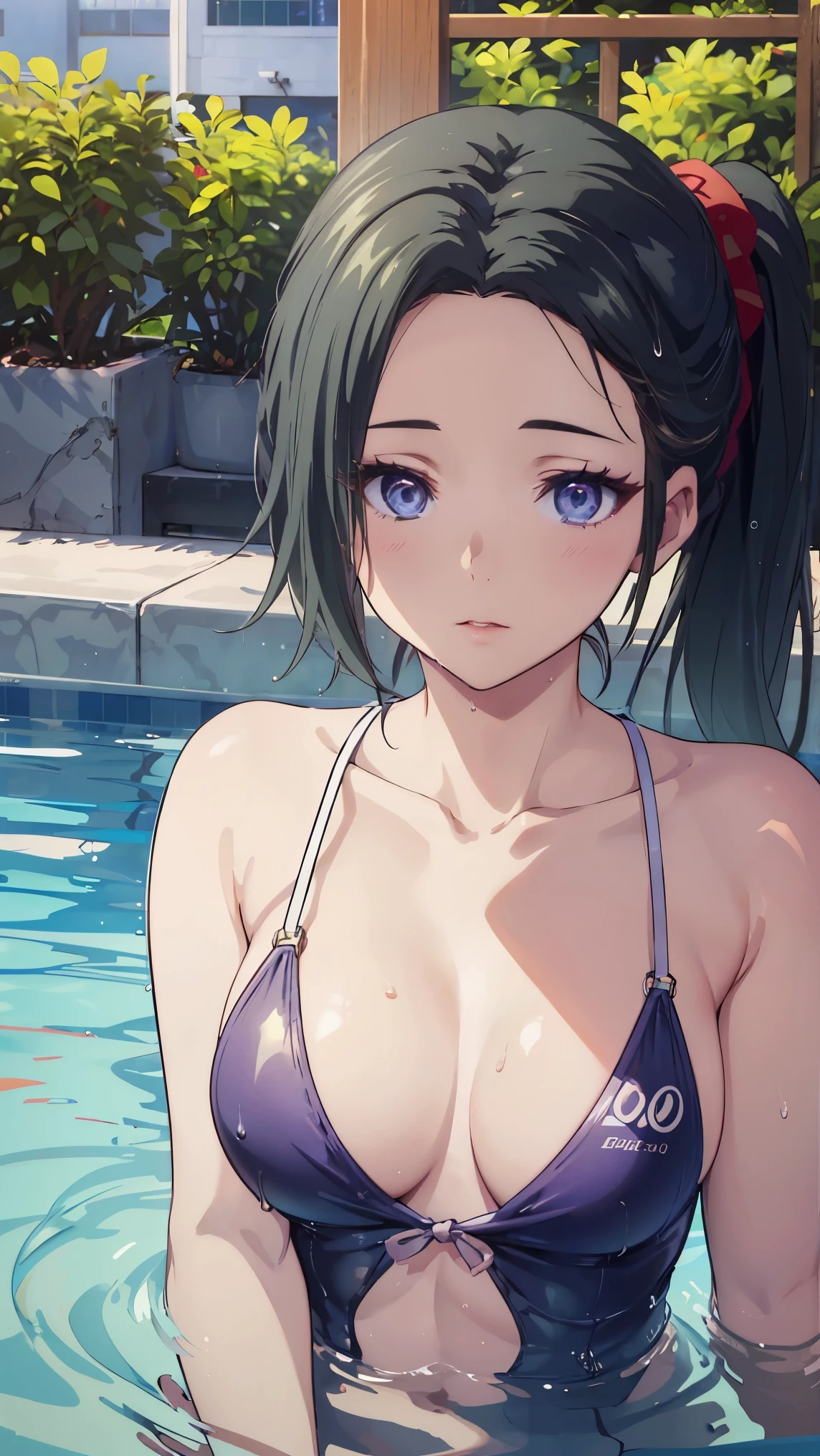 deep skin,textured skin, long hair, black hair, blue eyes, ponytail, highres:1.0), haruhiko_ichijou, makeup, purple lipstick, purple eyeshadow, beautiful face, hyperdetail face, woman in a gray dress laying on a pool, a picture by Tadashi Nakayama, tumblr, shin hanga, wet swimsuit, realistic young gravure idol, young skinny gravure idol, young sensual gravure idol, sophisticated gravure idol, hot with shining sun, young pretty gravure idol, realistic sensual gravure idol, next to a pool