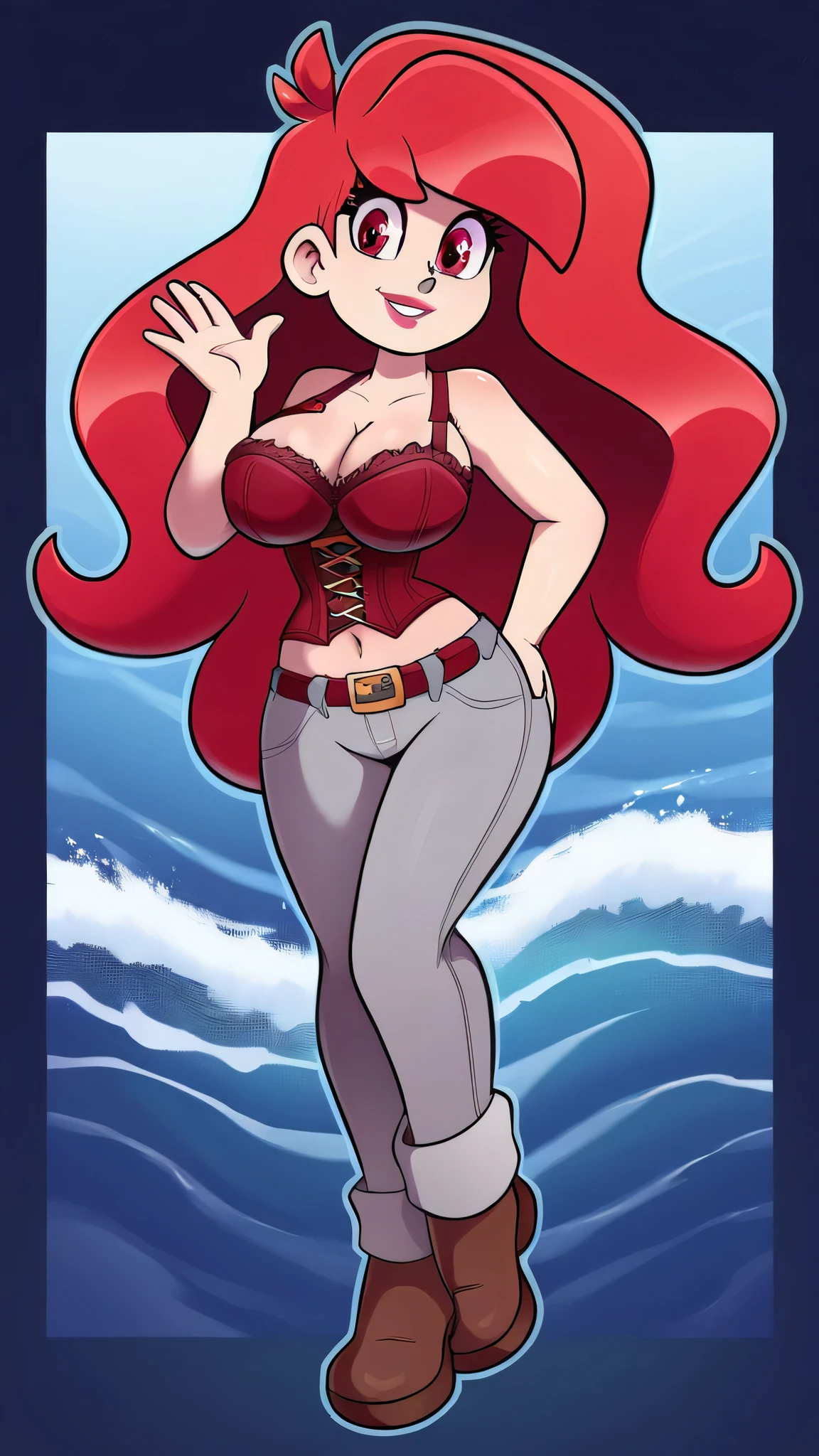 A tall woman big sexy cool waves tenderness cute strength big breast long bright red hair wavy her light red eye medium eyelash black pink lip she dresses red corset bra shows navel and her light gray pants wearing big belt thigh sensual sexy brown shoe black