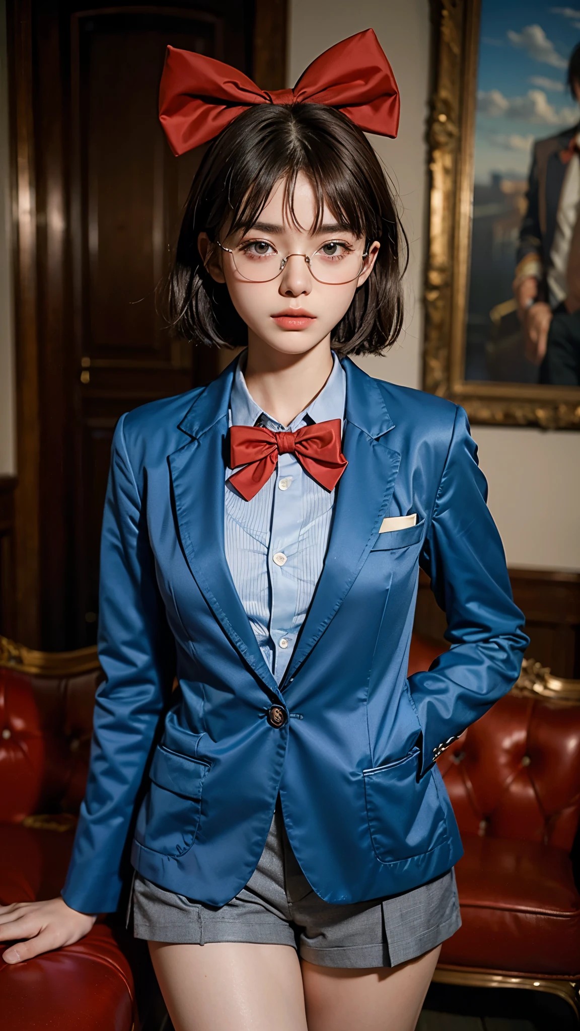 highest quality, masterpiece, Ultra-high resolution, (Realistic:1.4), (Close-up portrait) RAW Photos, 1 girl,23 years old,((Detective Conan costume))、((Blue blazer with red bow tie)),((Grey shorts)),Large fake glasses,Short Bob Hair、((Cap Chestnut)),((Short bangs)),Realistic,Image Media Chest)),