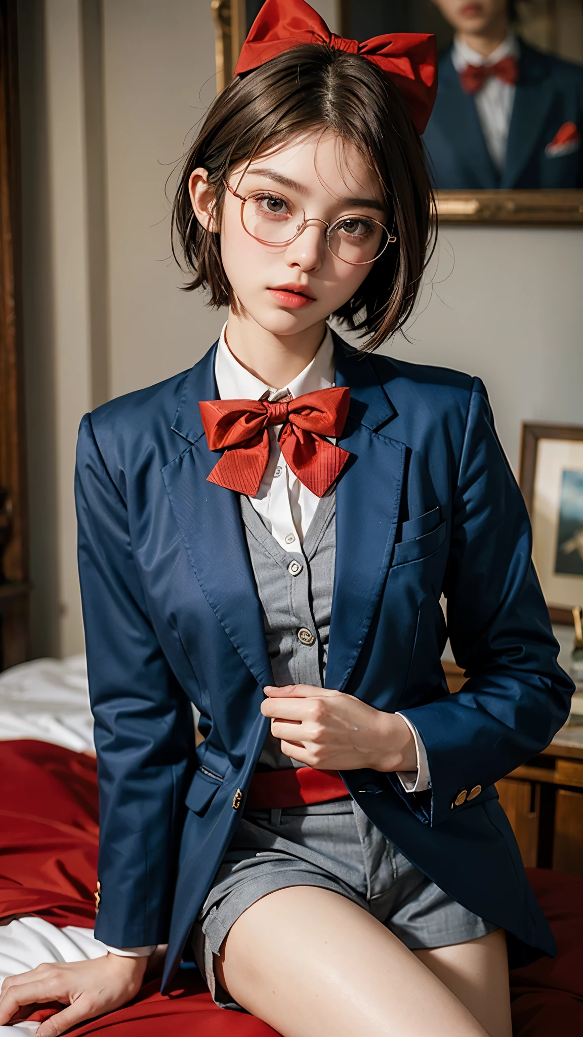 highest quality, masterpiece, Ultra-high resolution, (Realistic:1.4), (Close-up portrait) RAW Photos, 1 girl,23 years old,((Detective Conan costume))、((Blue blazer with red bow tie)),((Grey shorts)),Large fake glasses,Short Bob Hair、((Cap Chestnut)),((Short bangs)),Realistic,Image Media Chest)),